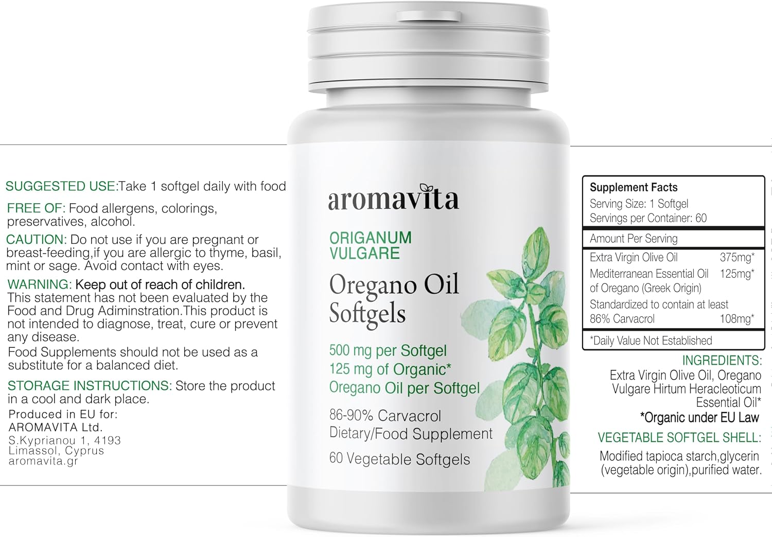 Oregano Oil Capsules (86–90% Carvacrol) – High Potency Greek Organic Oregano – Supports Immune & Digestive Health – Vegan Softgels, Lab Tested – 60 Count
