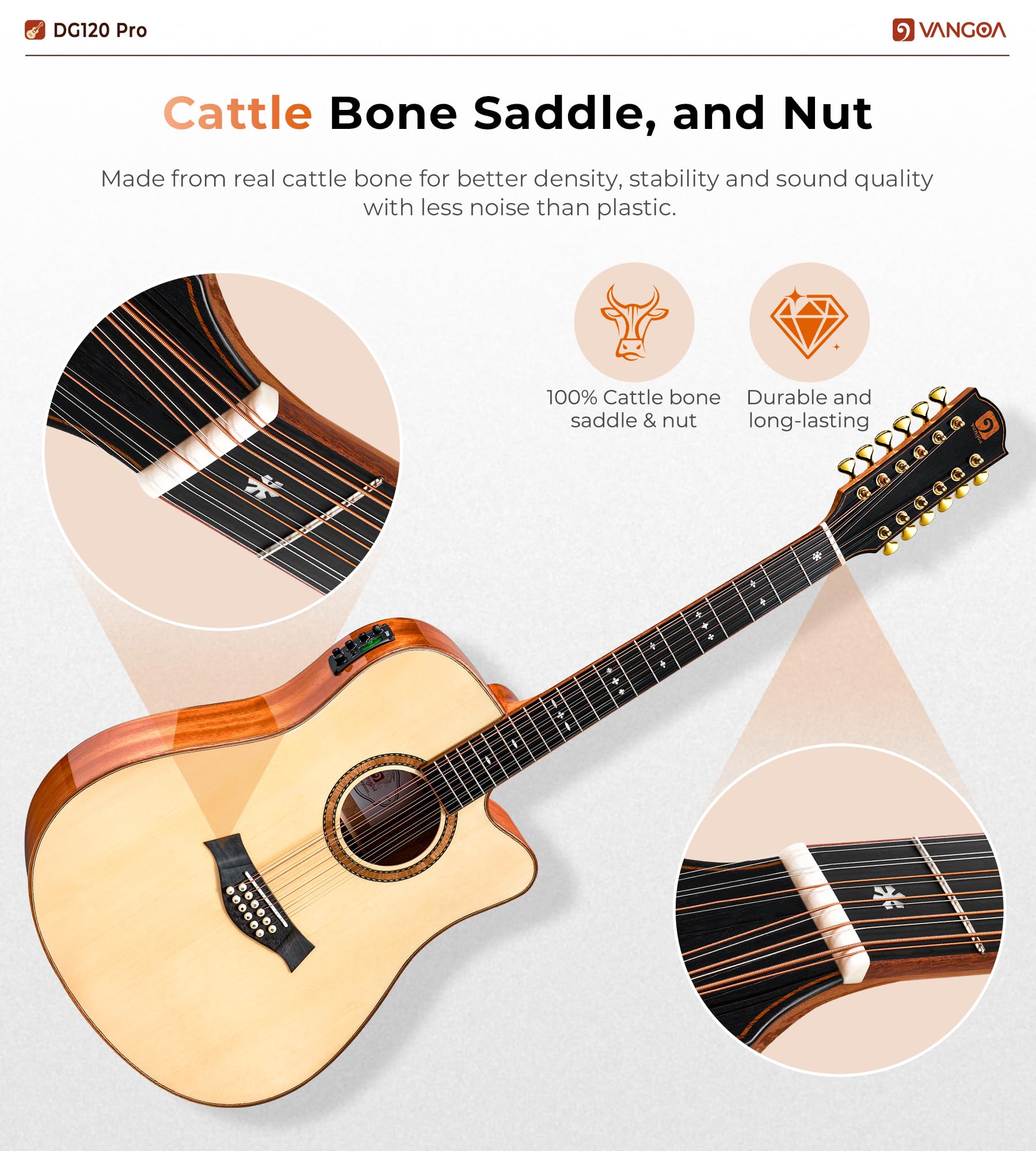 Vangoa Guitare acoustique électrique avancée à 12 cordes, table en épicéa