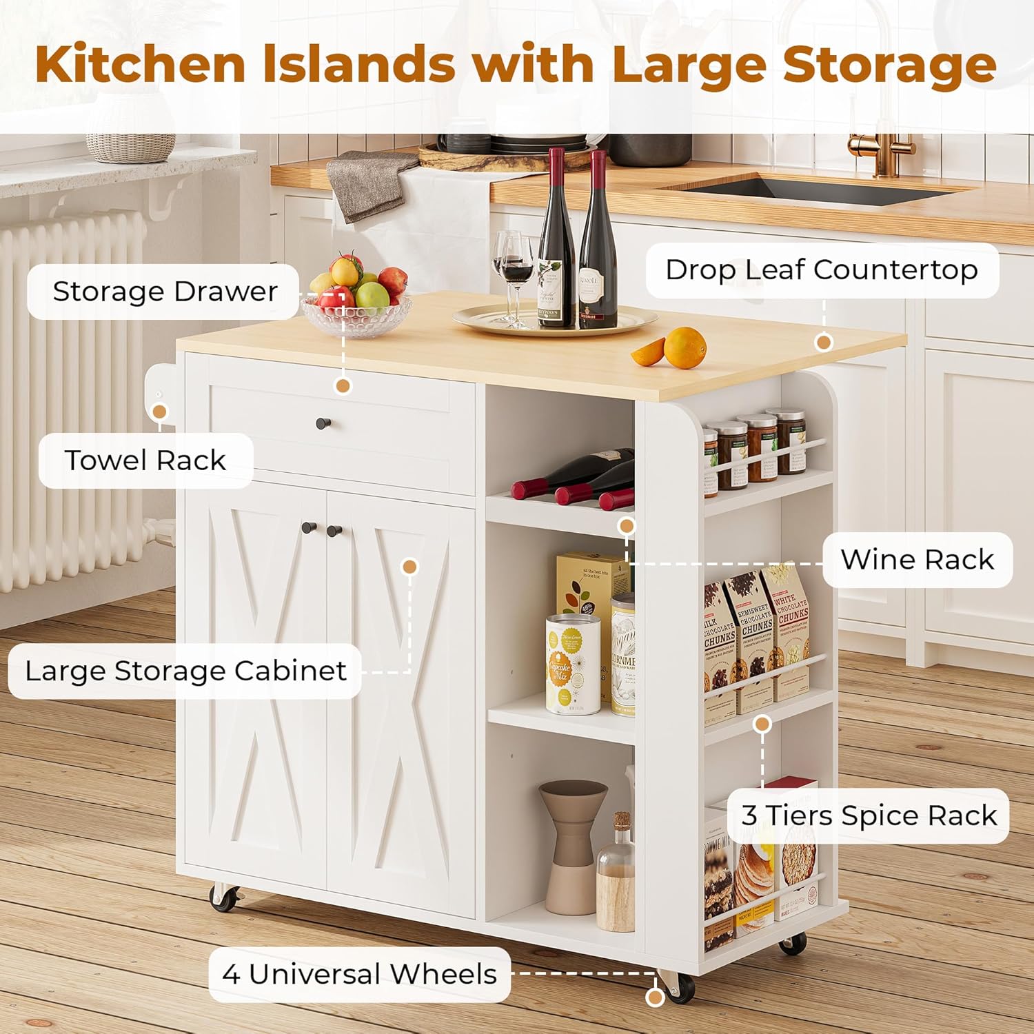 IRONCK Kitchen Island with Drop Leaf and Wine Rack, Rolling Kitchen Island on Wheels with Storage, Kitchen Island Cart with 3 Spice Rack, 3 Open Shelves, and Drawer, White