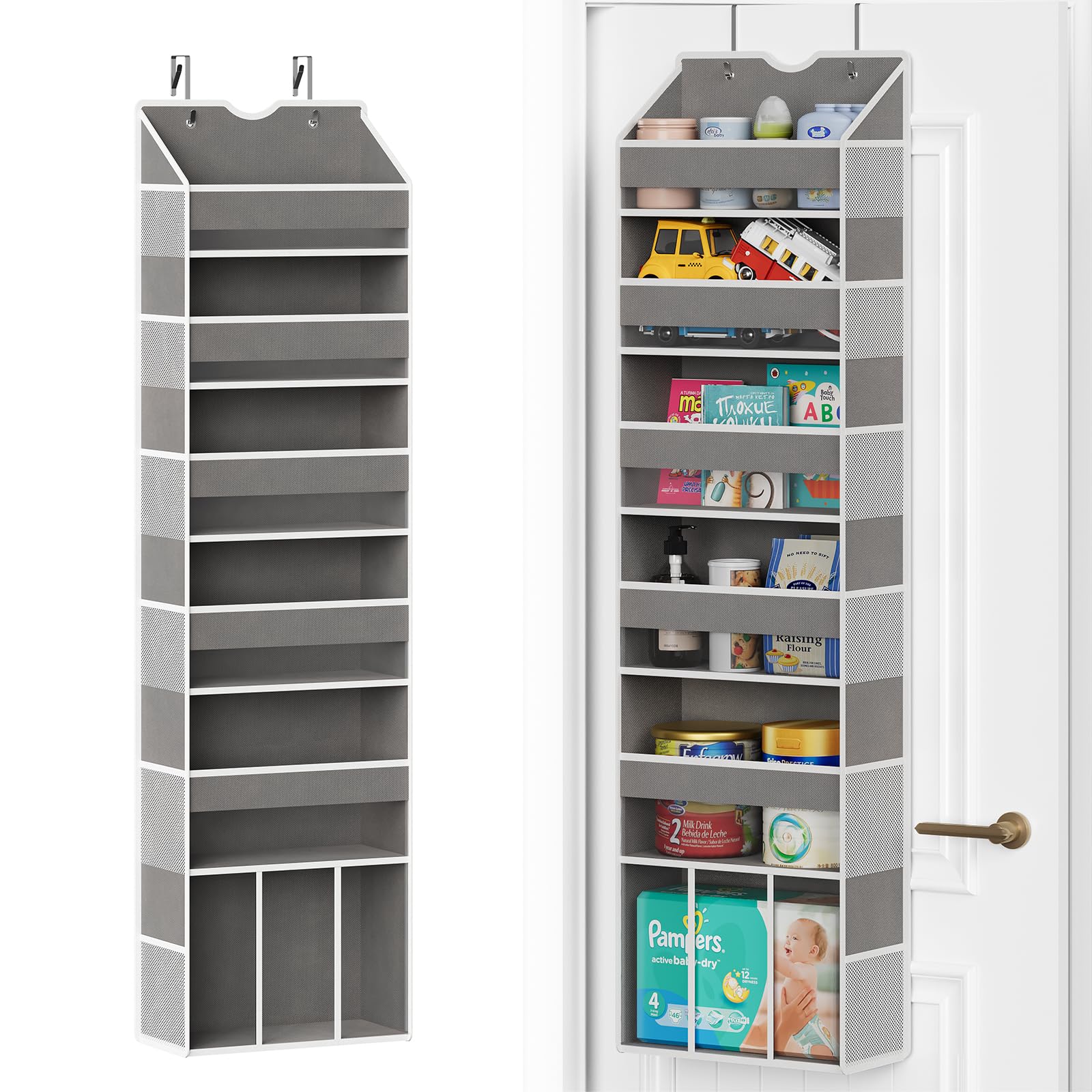 Organizador para colgar sobre la puerta GGUO, 6 estantes, 6 bolsillos frontales transparentes y 12 bolsillos laterales, resistente a los golpes, capacidad de 22,7 kg, para guardar objetos esenciales de bebé en armarios, dormitorios, baños y guarderías.