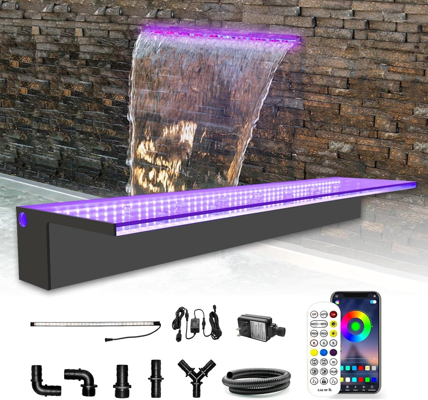 LONGRUN Pool Waterfall Stream Sets, Garden Fountain With Colour Changing LED, Acrylic Pond Water Fountain For Outdoor Garden, 30 Cm