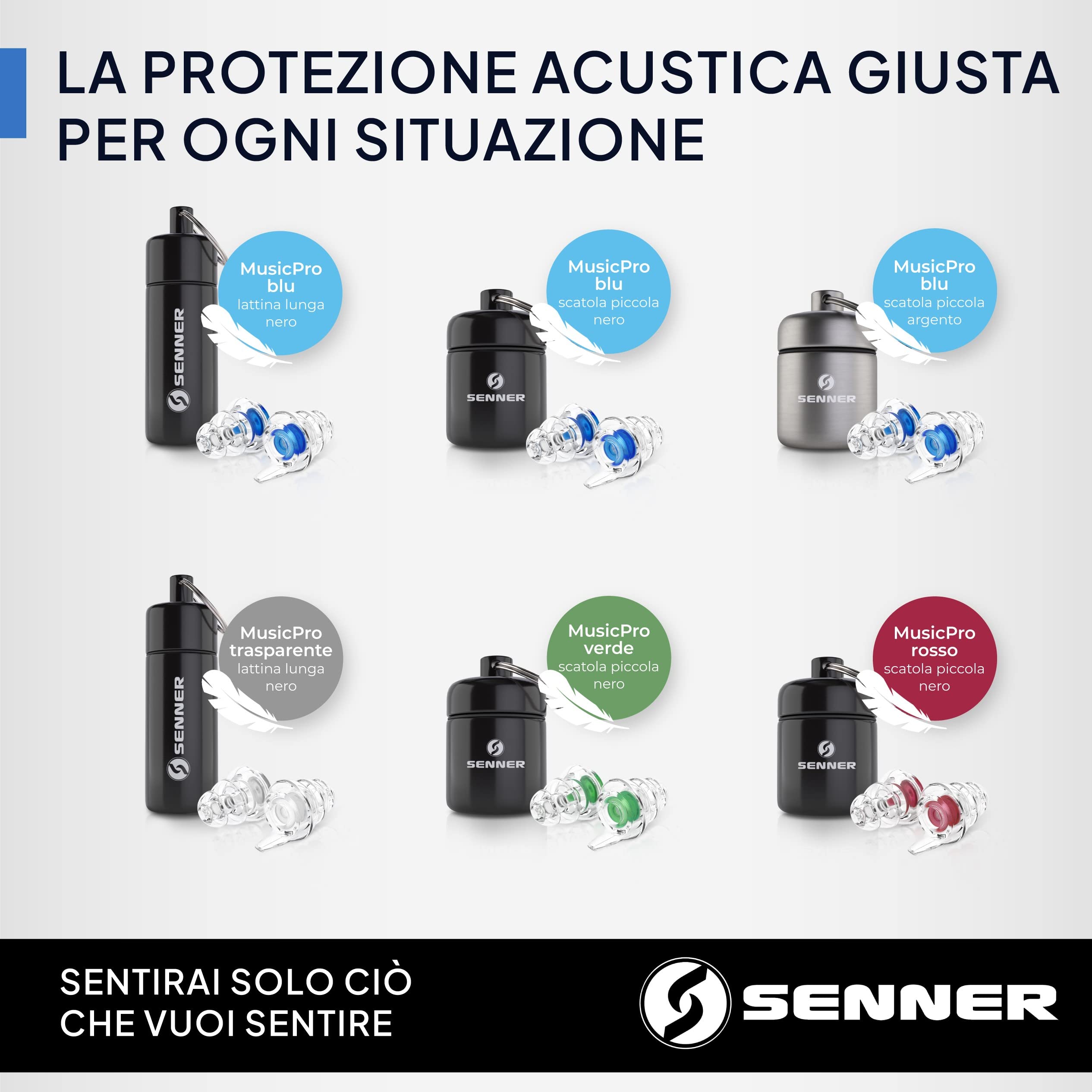 Senner MusicPro tappi per orecchie antirumore a protezione dell’udito con contenitore in alluminio. Ideali per musica, concerti, discoteca e festival, blu/trasparente