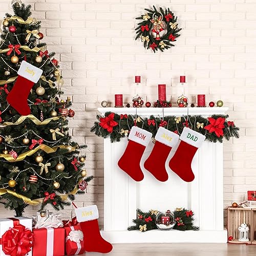 Miniatura 4 de Ulico Calcetines de Navidad personalizados, medias familiares con nombre personalizado, terciopelo rojo grande de 20 pulgadas con puño de felpa