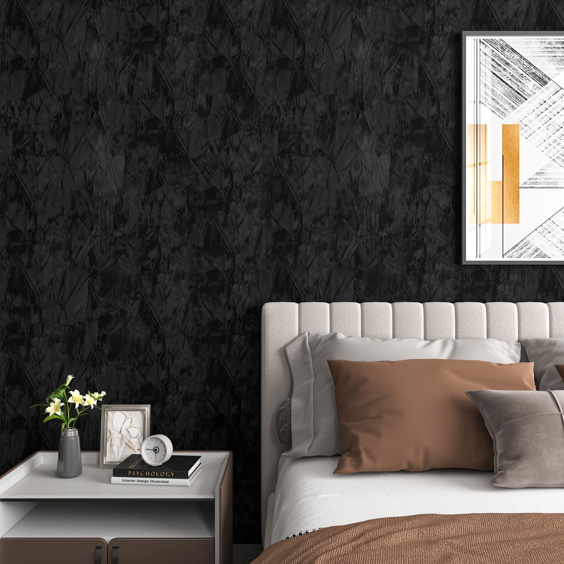 Decotalk Papier Peint Velours Baroque Luxe Noir Velours 60X500cm Adhésif Pour Meuble Noir Revetement Mural Adhesif Papier Peint Velvet Autocollant Vintage Rouleau Adhésif Pour Salon Chambre Escalier