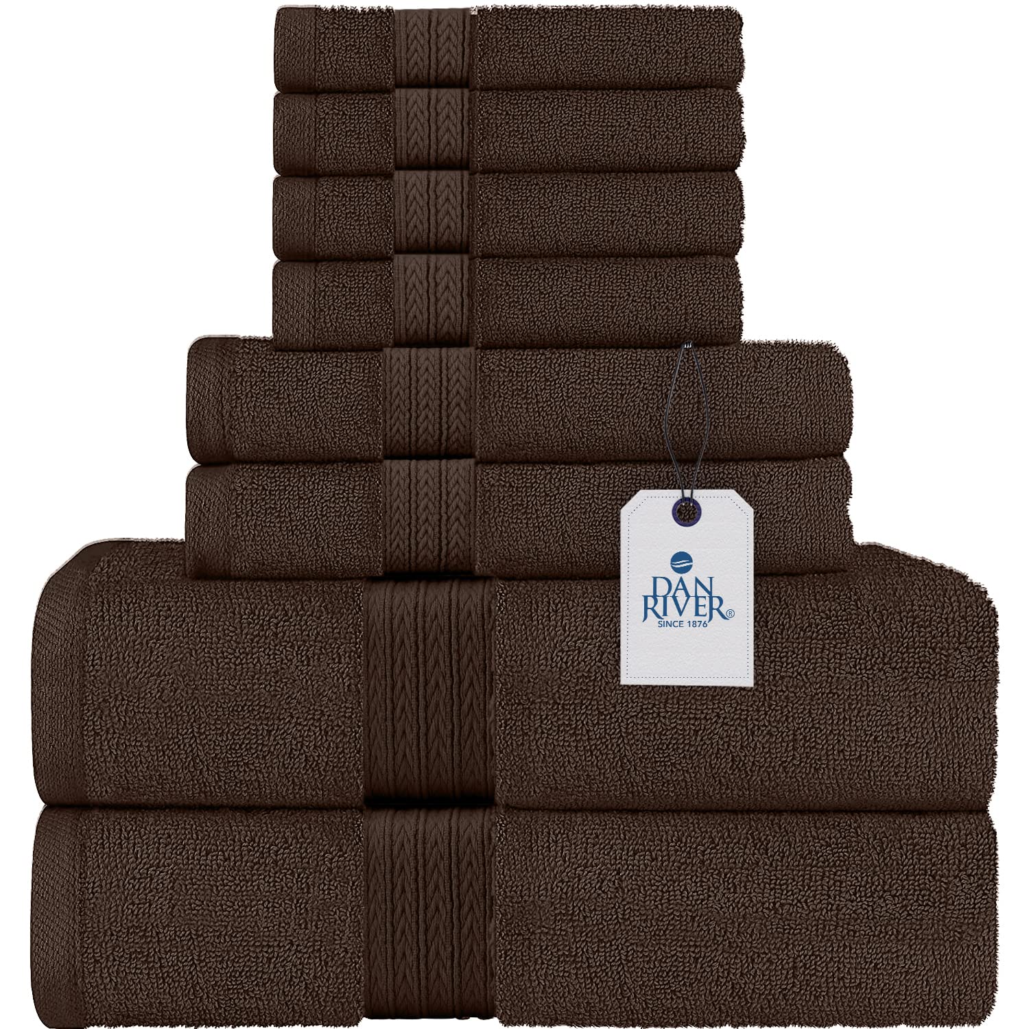 DAN RIVER 100% Cotton Bathroom Towel Set|2 Oversized Bath Towels 30x52| 2 Hand Towels 16x28| 4 Wash Cloths 12x12| Ideal for Home Hotel and Spa| Ultra Soft|Absorbent| Brown Towel Set|600 GSM| 8 Pc