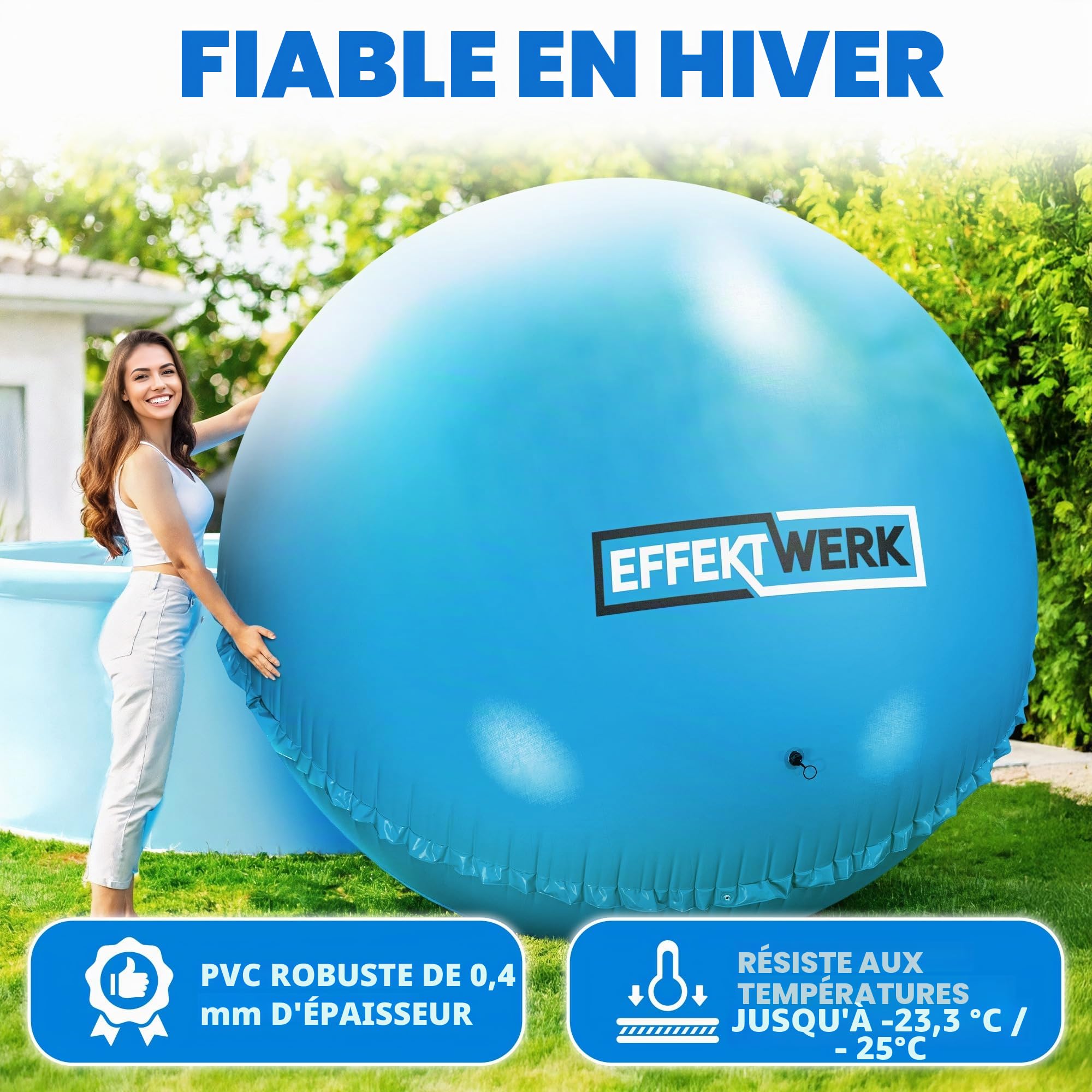 Coussin de Piscine pour l’Hiver - Ballon Gonflable Géant de 4m / Équilibreur de Glace pour Piscine Hors-Sol avec Corde de 5m, Rustines et Bouchon de Valve