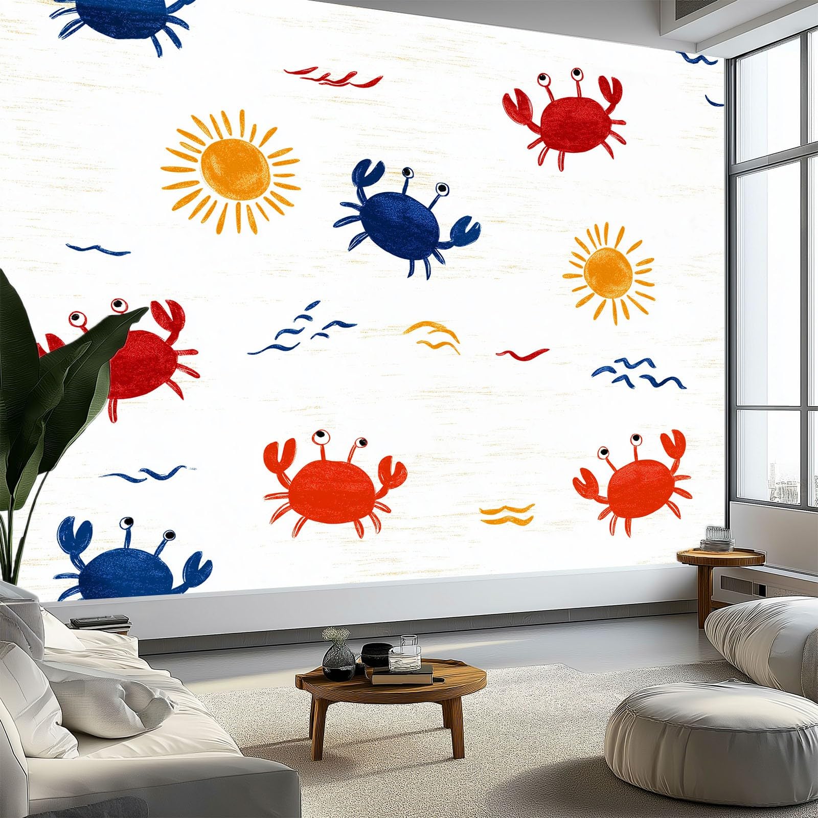 Générique Panoramiczna tapeta z kreskówki, krab, słodkie dziecko, 350 x 256 cm, dekoracja ścienna z włókniny, dekoracyjna dekoracja ścienna do salonu, łazienki, pokoju dziecięcego, biała
