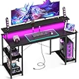 ODK 55 inch Gaming Desk with LED Lights & Power Outlets, Computer Desk with Monitor Stand & Storage Sheves, CPU Stand, Home Office Desk, Black