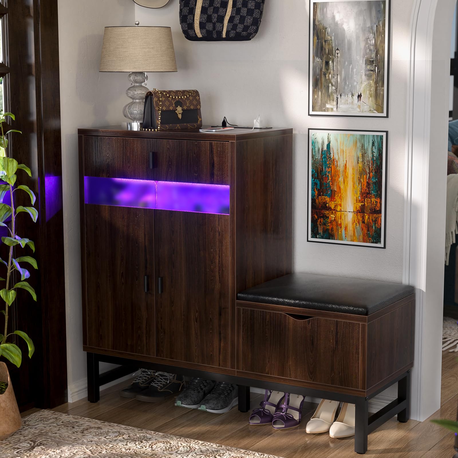 armocity Shoe Cabinet Storage for Entryway - Freestanding Shoe Rack Bench with LED Lights & Power Outlets, Reversible Shoe Storage Cabinet Organizer with Drawer and Hidden Compartment, Black Walnut