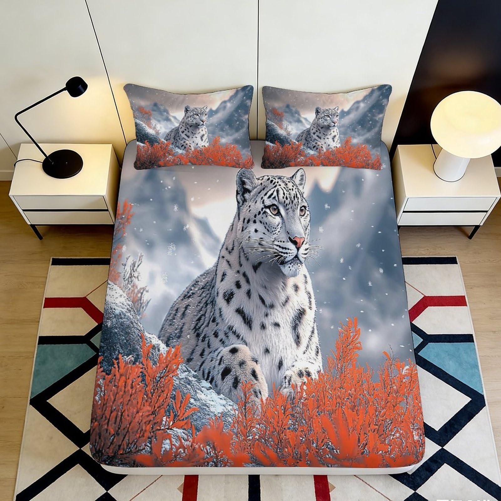 3D Printed Snow Leopard Fitted Sheet Microfiber Soft Breathable Mountain Wildlife Bed Cover for Bedroom Dormitory Guest Room Mattress Protection 120x200x25cm