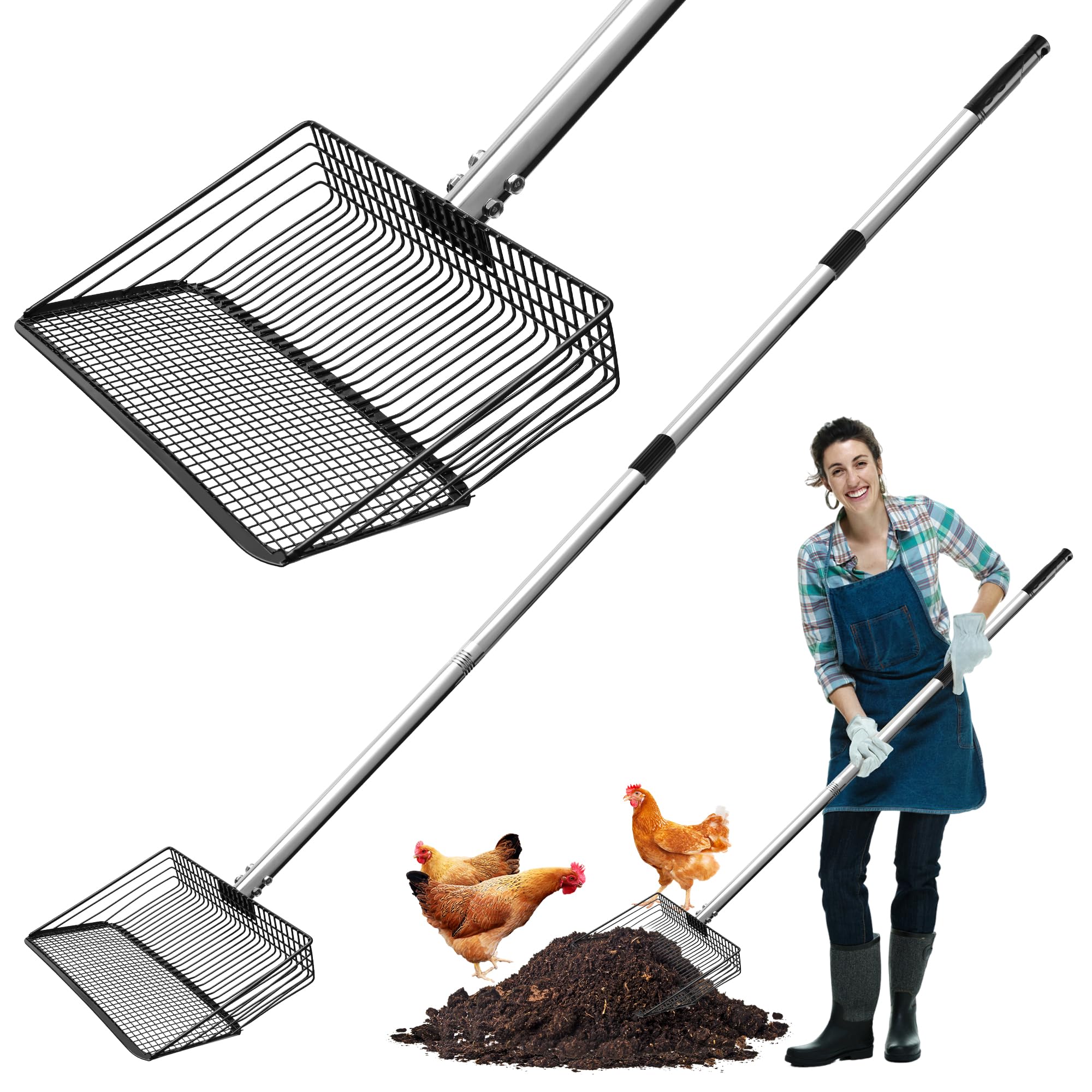 Zhaoyao 10 Inch Large Metal Chicken Poop Scooper with Adjustable 24–68 Inch Stainless Steel Handle, Heavy Duty Litter Sifting Shovel for Chicken Coop,