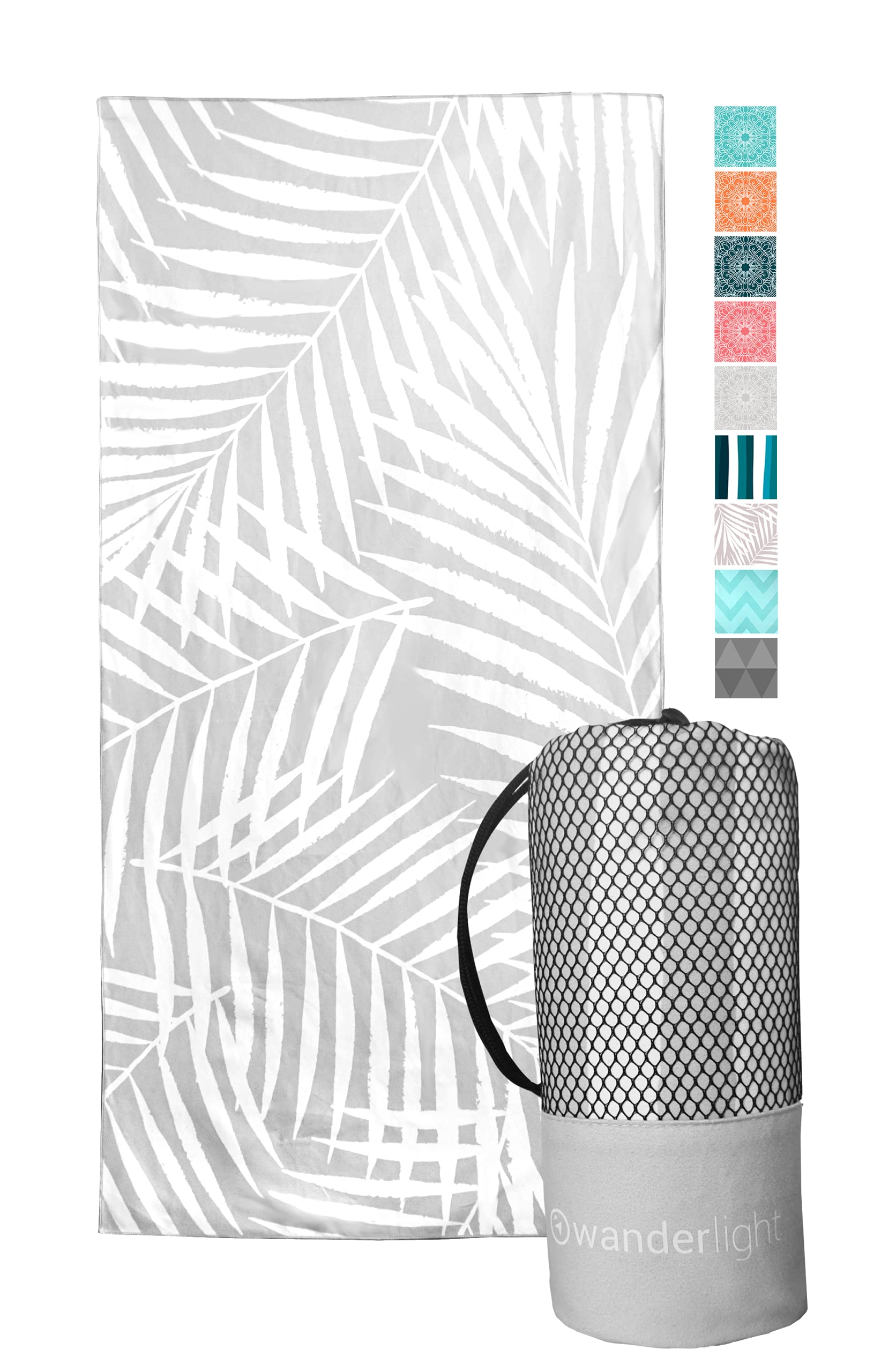 Wanderlight Microfiber Travel Towel – Quick Dry, Compact, Lightweight, Sand Free, Eco-conscious – Perfect for Beach, Camping, Backpacking, Sports, Gym, Yoga (Grey Palms, Large)