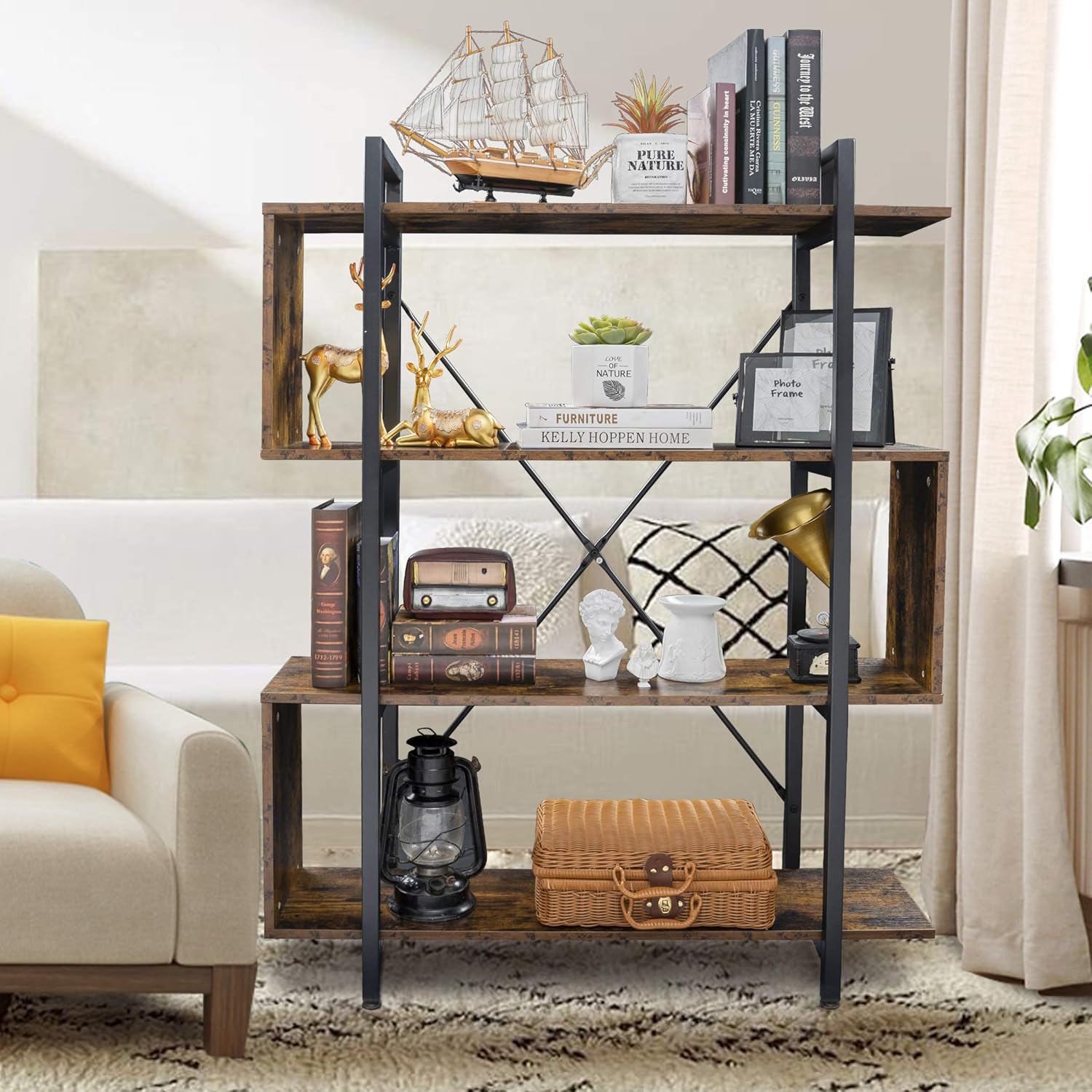 Becko US Bookshelf Vintage Industrial Bookcase 4 Tier S Shaped Display Book Shelves Storage Rack Shelves Z Shaped Shelges for Bedroom Home Office Living Room Entryway Hallway (Rustic Brown) : Home & Kitchen