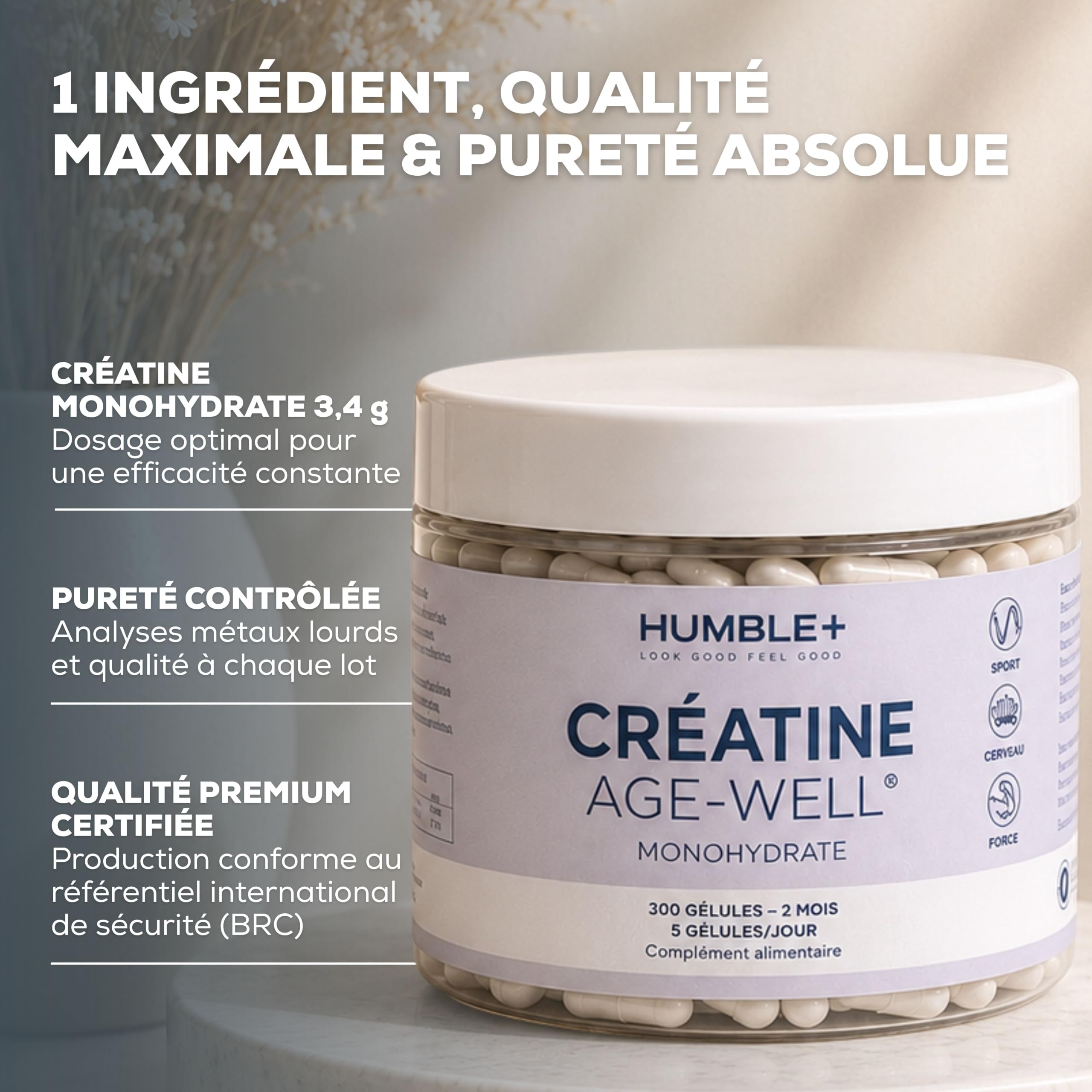 HUMBLE+ Créatine Monohydrate Age-Well® Gélules - 300 Gélules - 2 Mois | Créatine pure monohydrate, 3 g par jour, 300 gélules - Format 2 mois - Complément alimentaire - Marque Française