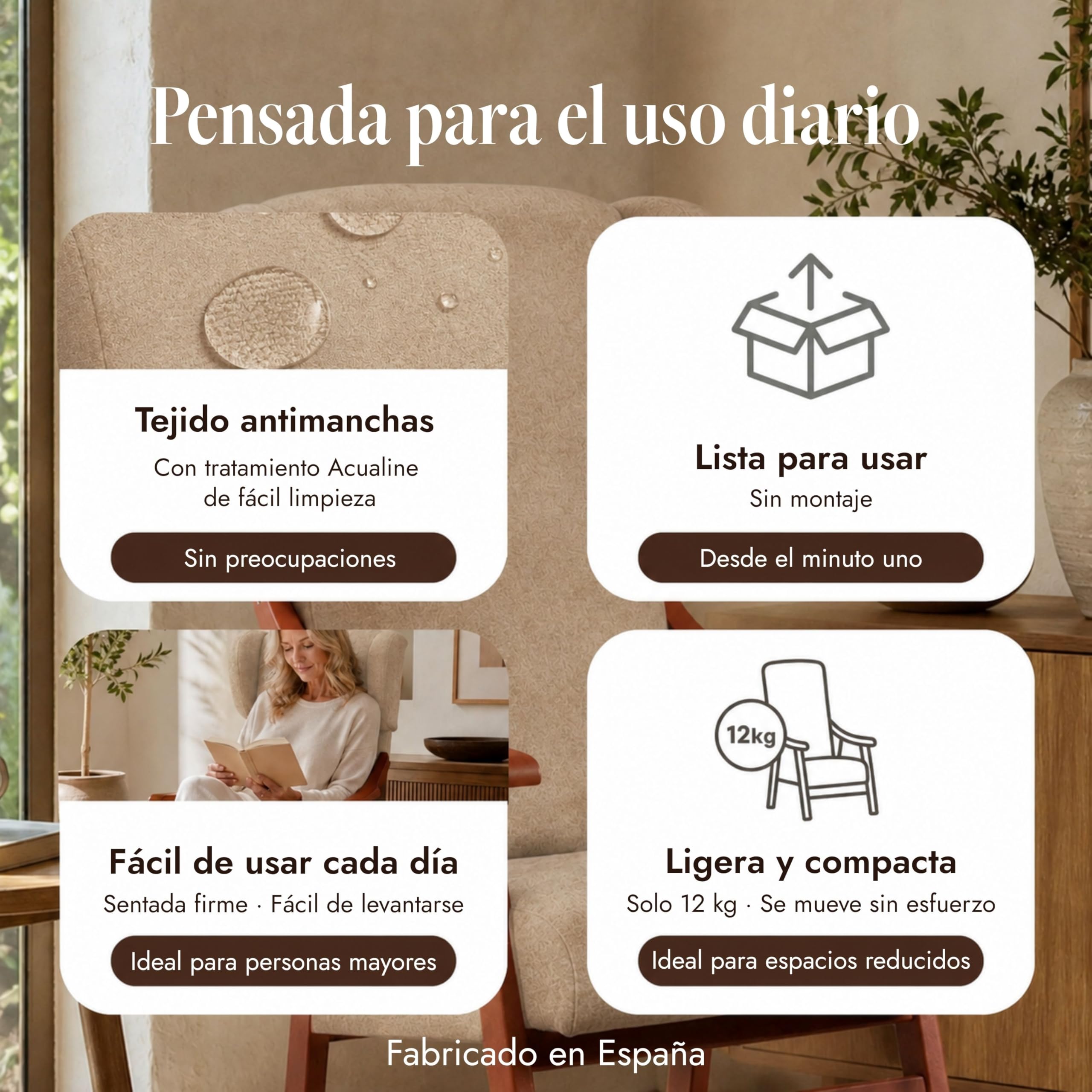 Silla Respaldo Alto Goya Tostado - Silla con Brazos para Personas Mayores - 117x57x70 cm - Sentada Alta - Postura Recta - Tela Antimanchas - Geriátrica, Cómoda y Estable, Uso Diario