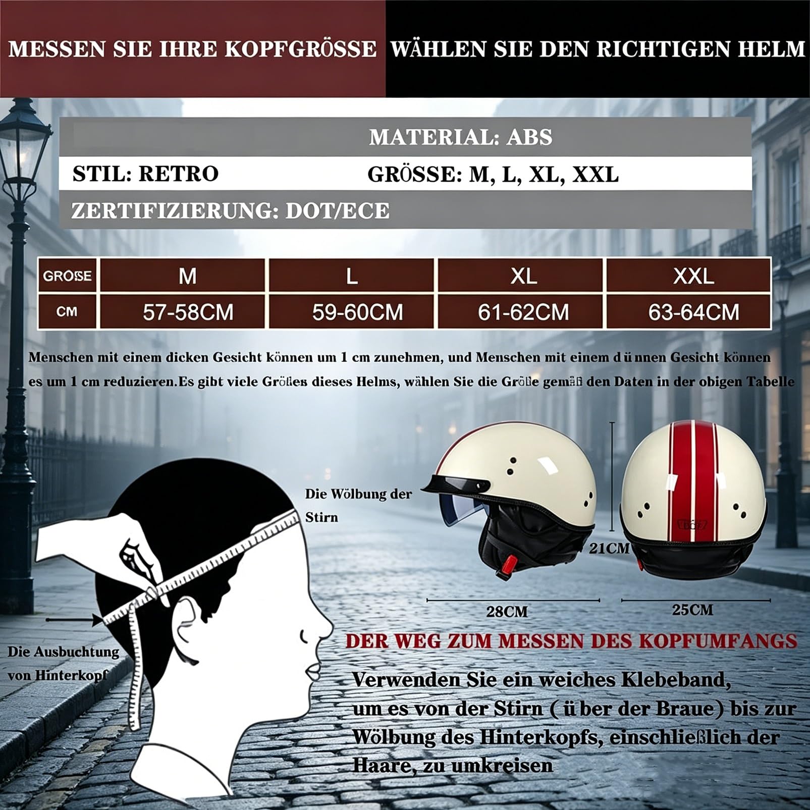 Kask Motocyklowy Jet Style Retro Stripe, Urban Cafe Racer z Blendą Przeciwsłoneczną, ECE 22.06, Otwarty Kask na Motor Cruiser Bobber Chopper