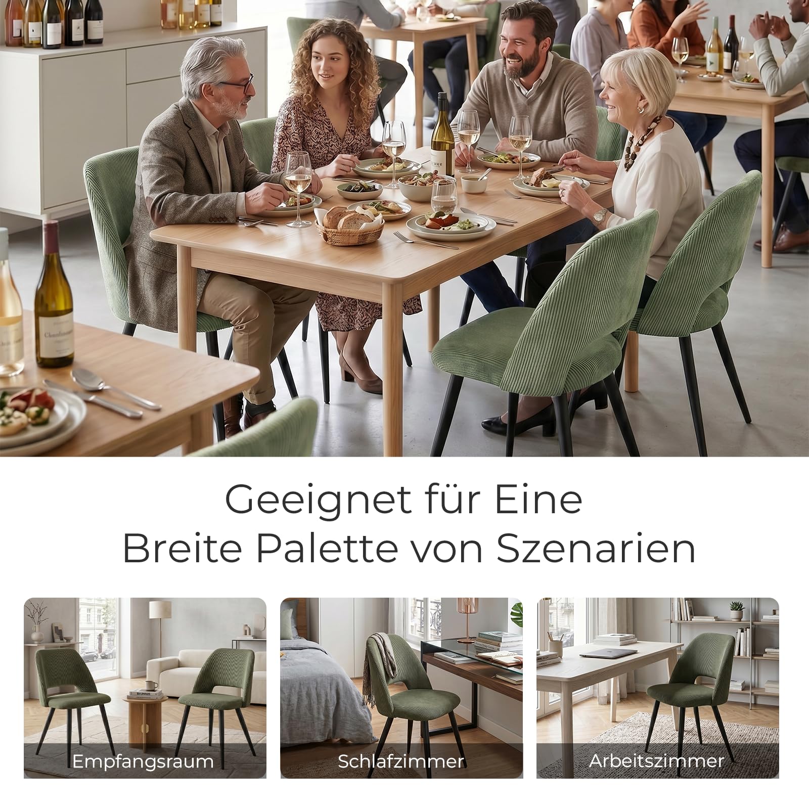 JIJIAN Esszimmerstühle 4er Set, Stühle Esszimmer, Küchenstühle, Wohnzimmer Essstühle mit Ausschnitt Rückenlehne Streifen Samt Stuhl, Gepolsterte Stühle für Esszimmer, Küche, Schlafzimmer, Grün