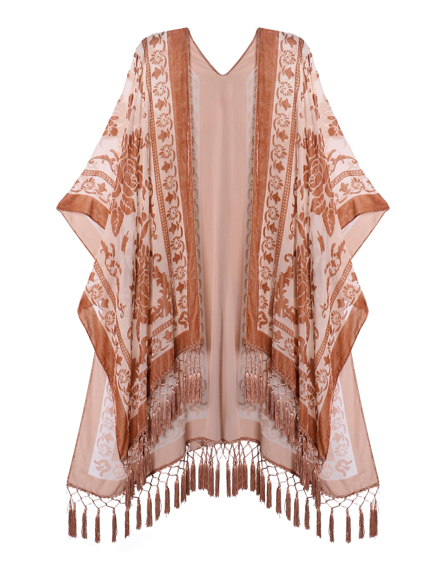 MJ SERECA Women's Burnout Velvet Kimono Long Cardigan Cover Up with Tassel (Sand)