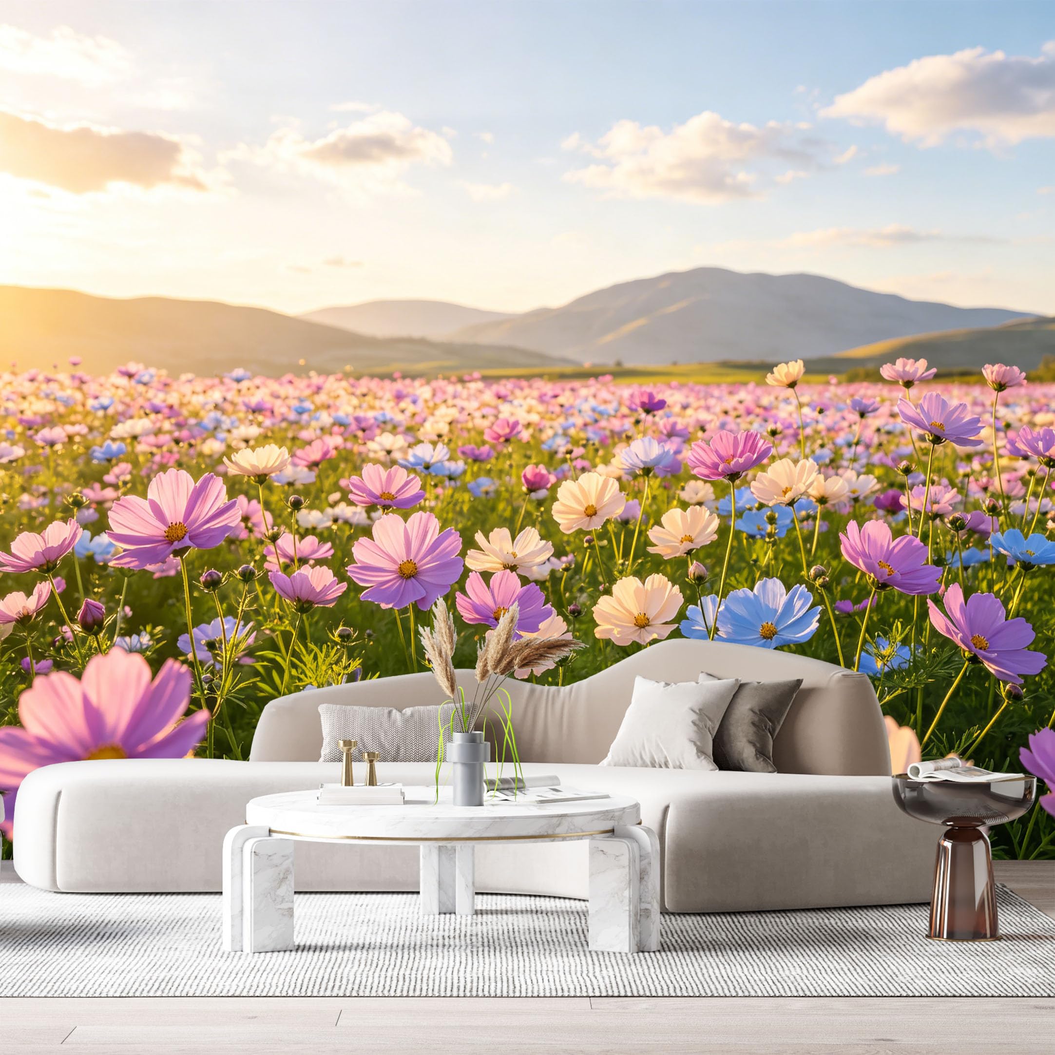 Custom Size Wall Murals Blooming Meadow Landscape Botanical Wildflowers Mountain Sunrise SelfAdhesive Wall Fabric Removable Large Wallpaper for Photo Living Room