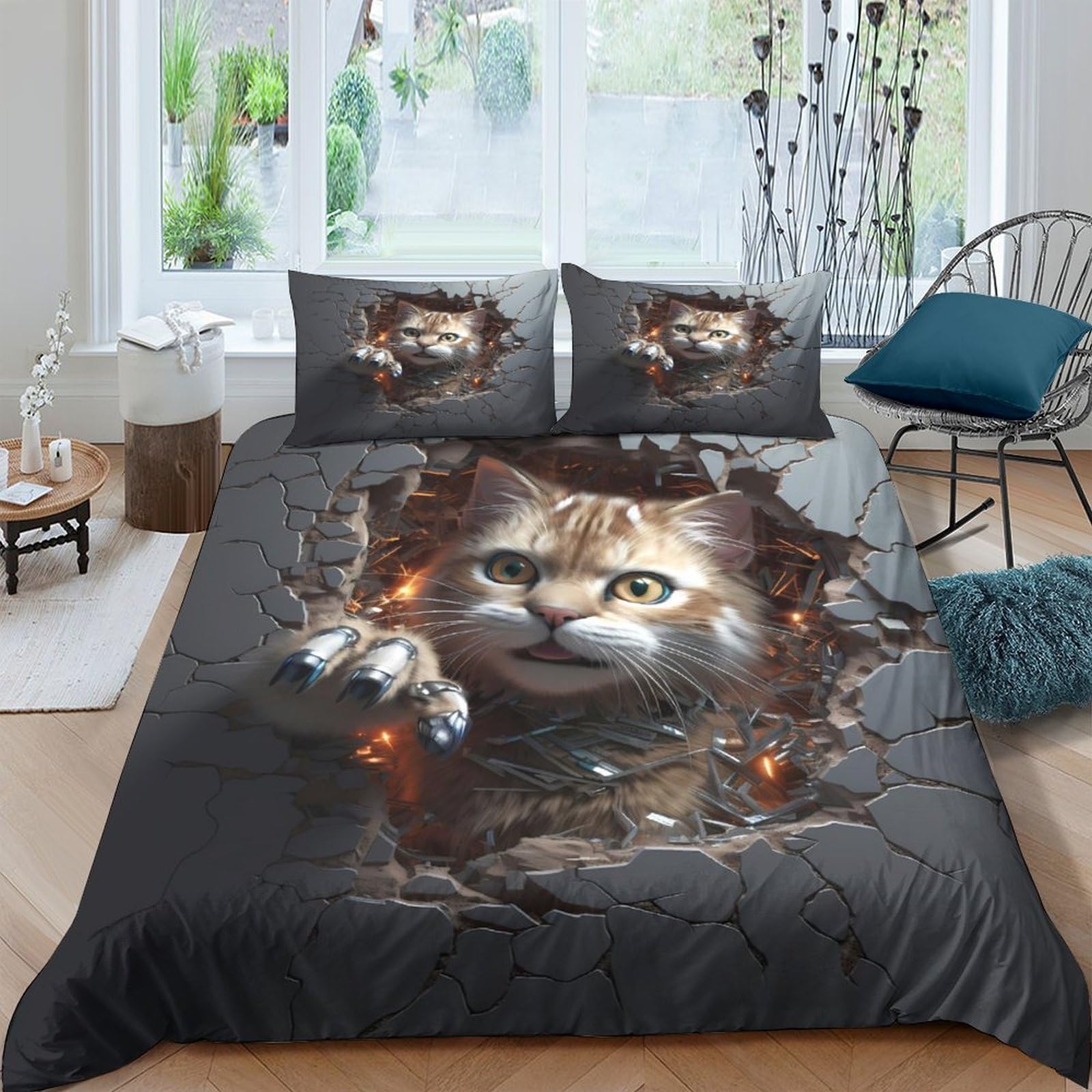 GPLZQXKJNH 3D Printed Cat Claw Duvet Cover Set Microfiber Soft Breathable Animal Pattern Bedding with 2 Pillowcases for Bedroom Single（135x200cm）