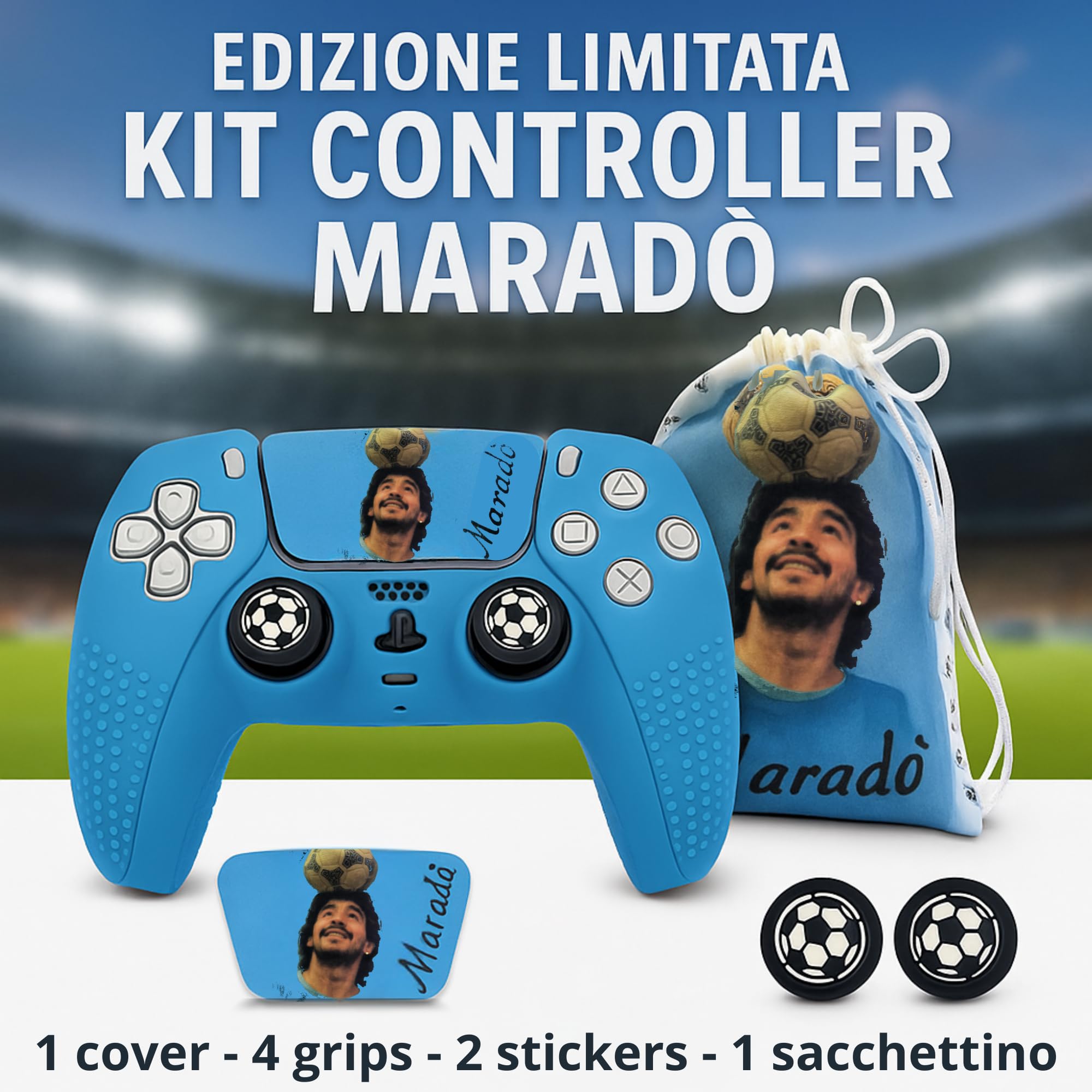 Kit Cover PS5 Celeste – Guscio in Silicone + Grips Antiscivolo (Thumb Grips) + Touchpad Sticker – Custodia Skin Anti Slip – Compatibile con Controller DualSense – Per veri tifosi