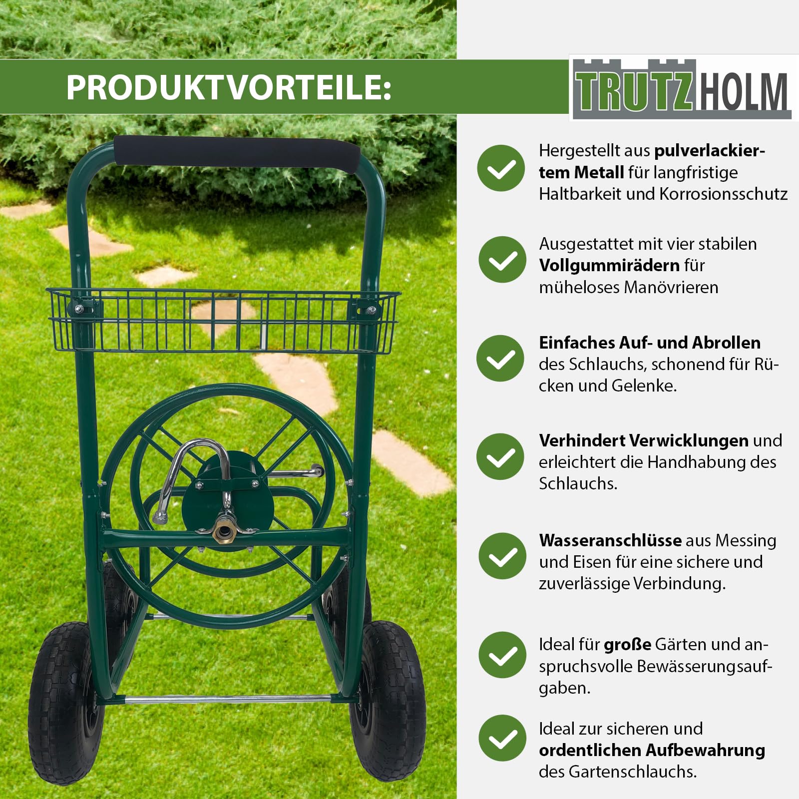 TRUTZHOLM Schlauchwagen Premium 4 Vollgummiräder, 92 x 57 x 78, pulverlackierter Stahl, für 80 m Gartenschlauch, Anschluß 3/4", adaptierbar auf 1/2 Zoll, Gartentrommel Schlauchabroller Schlauchhalter