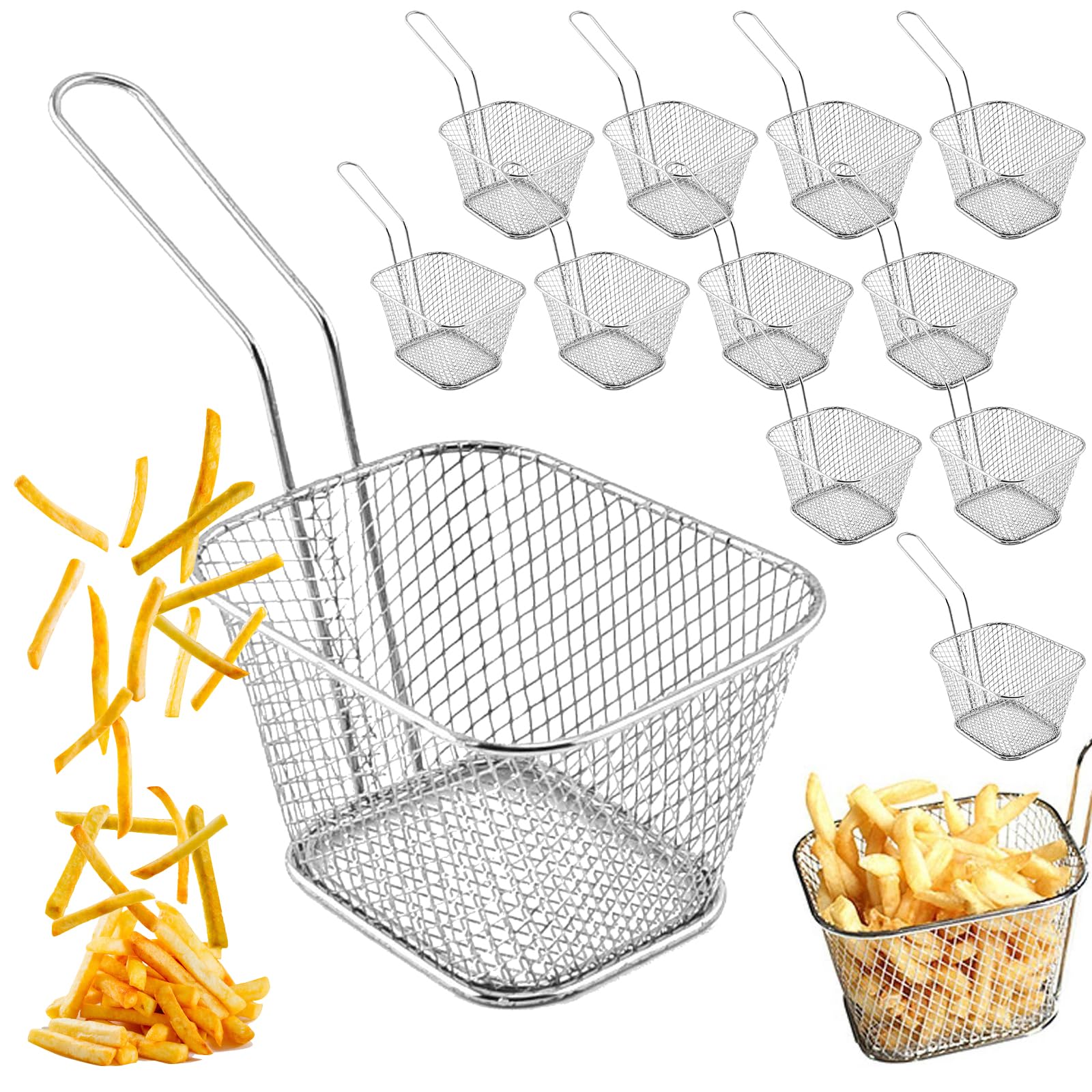 Cestini Per Patatine Fritte - 12 Pezzi Cestini Per Friggere, Cestello Per Friggere, Piccoli Cestini In Acciaio Inox, Mini Cestini Da Portata Con Manico, Cestino Per Patatine Fritte, Anelli Di Cipolla