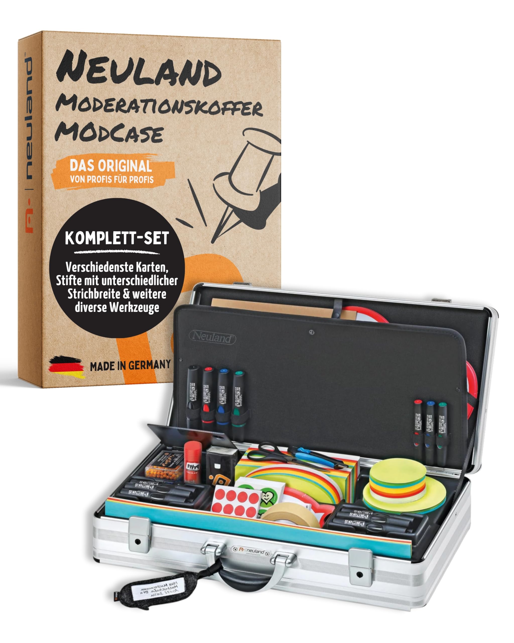 Neuland ModCase Moderationskoffer mit Inhalt I Präsentationskoffer mit 500 Moderationskarten, 25 Flipchart Markern & mehr I Aluminium Koffer inkl. Flipchart Zubehör Set für Workshops & Trainings