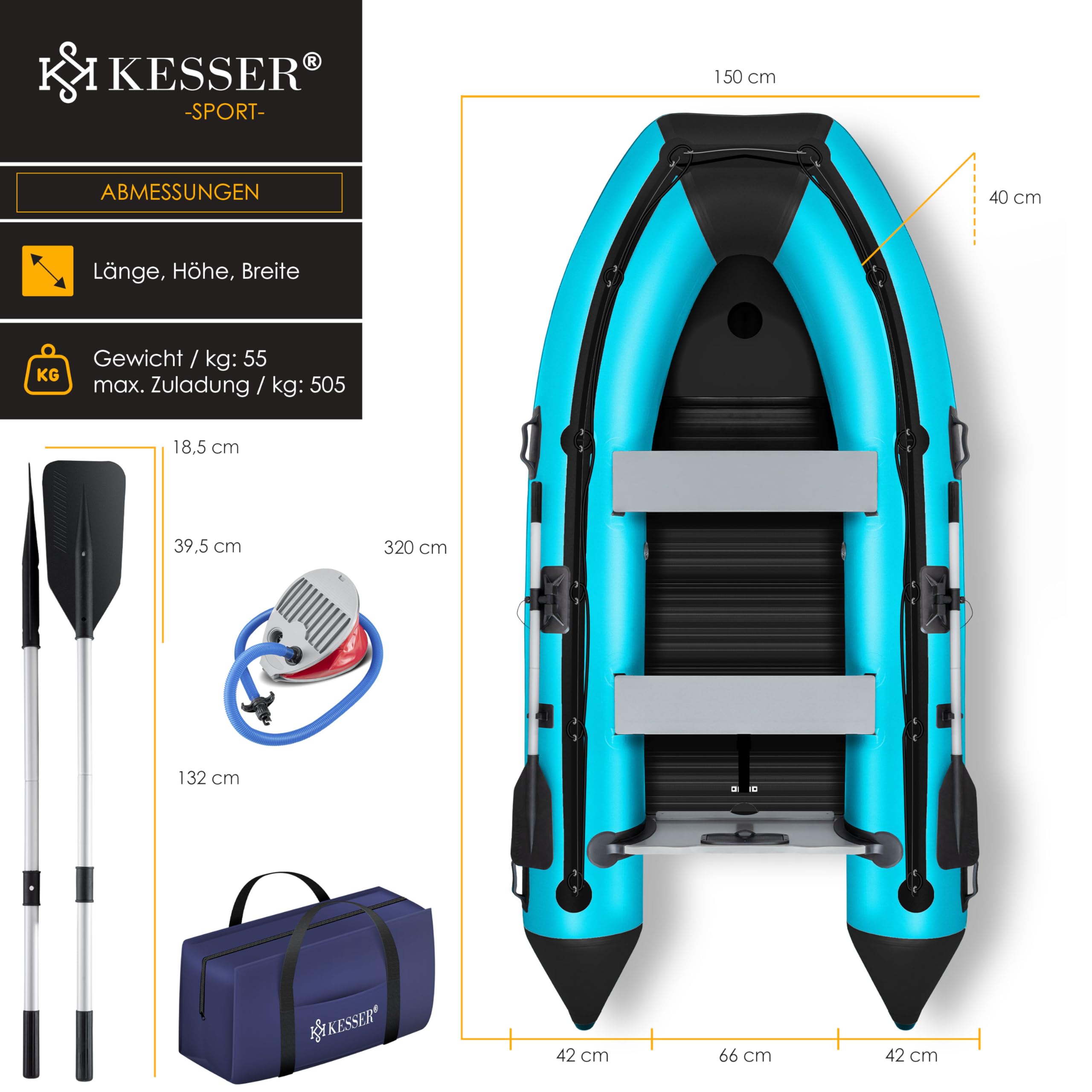 KESSER® Gommone di 3,20 m per 4 Persone - Compatibile con Motore Wave Imbarcazione da diporto Barca a Remi Barca a Motore Barca da Pesca - con 2 panche - Fondo in Alluminio Remi Pompa