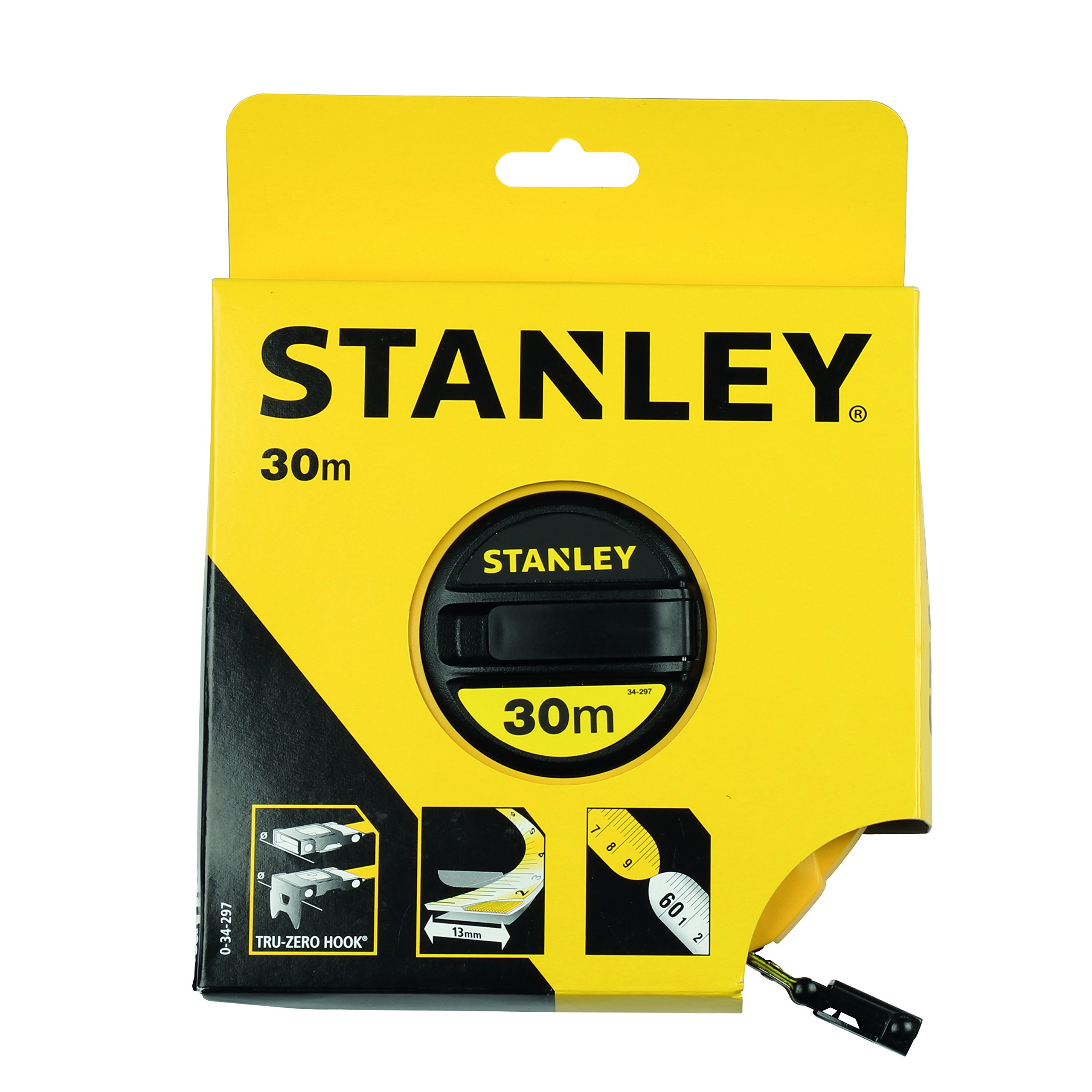 Stanley 2-34-775 Mesure 60 M X 12,7 Mm Ruban En Fibre De Verre Powerwinder & 0-34-297 Mètre À Ruban Fibre De Verre 30 M Jaune Fluo - Revêtement Pvc - Anti-Corrosion - Anti-UV Et Non Conducteur