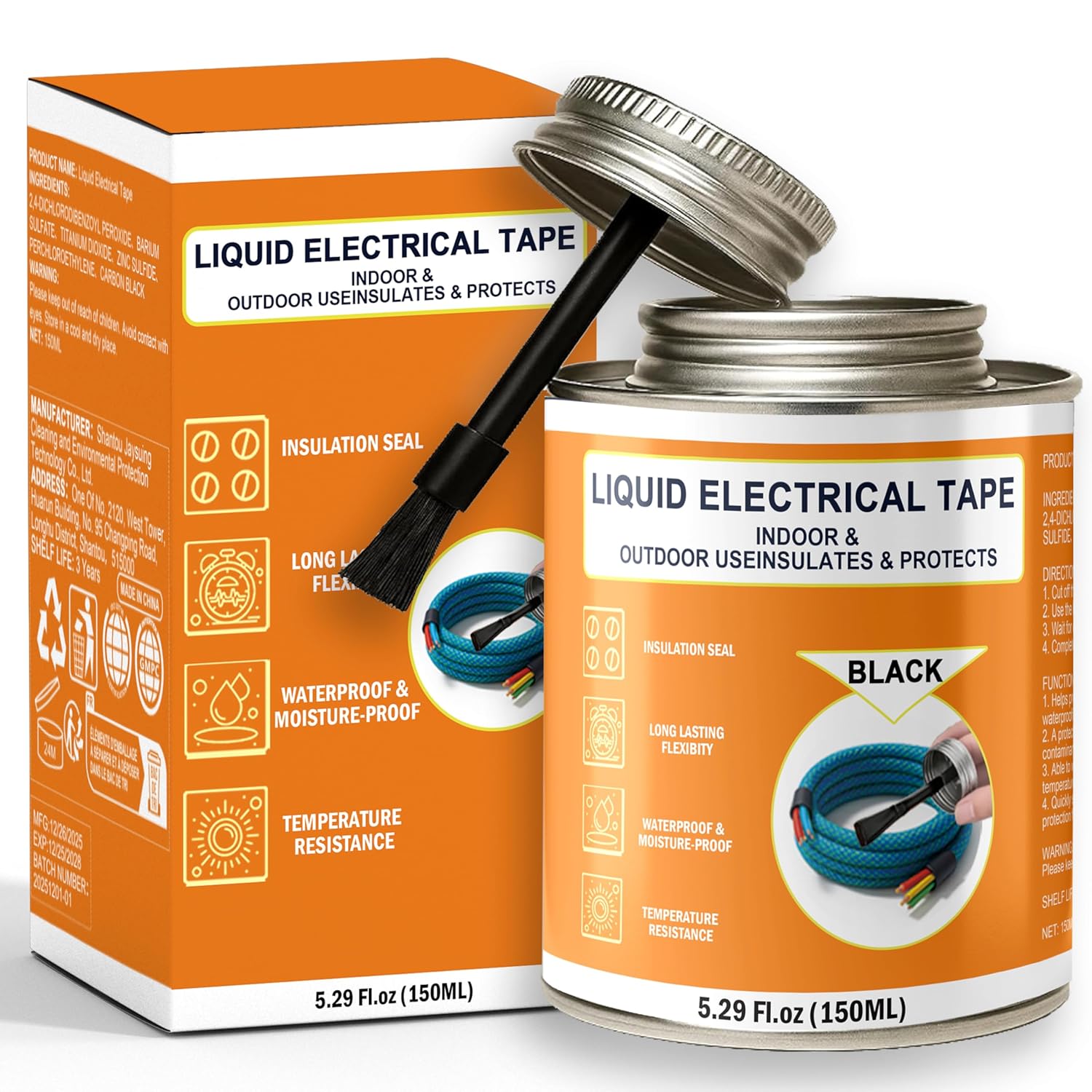 5.29 oz Liquid Electrical Tape Quick-Drying Insulating Glue with Brush Cap - Quick-Dry Waterproof Sealant for Wires, Cables, Connectors, Outdoor & Automotive Electrical Equipment (Black)