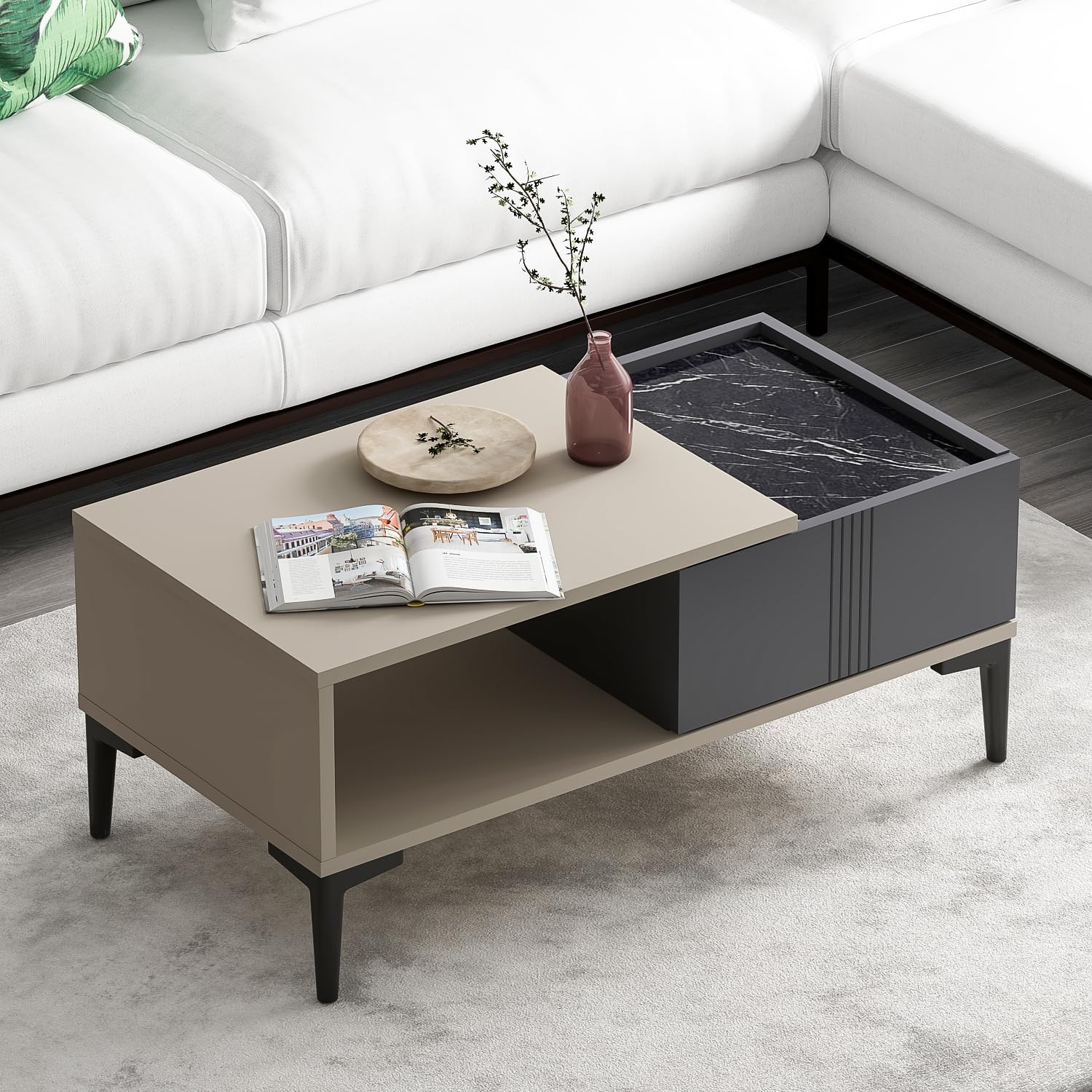 Homidea Modena - Tavolino da salotto con vano portaoggetti da 90 cm, moderno design scandinavo con spazio di archiviazione, tavolino rettangolare per salotto (beige