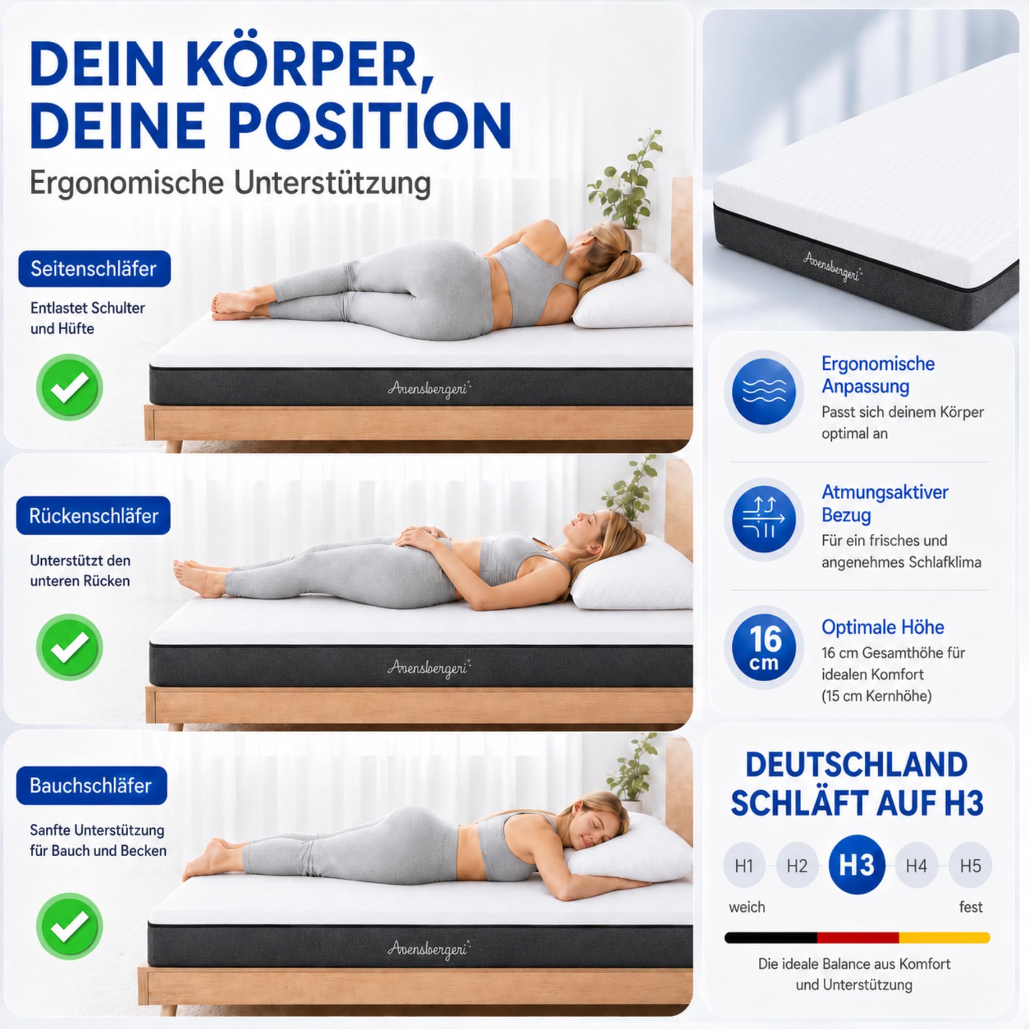Arensberger Matratze SARA 140x200cm Höhe 16cm | NANOCELL® Gel-Schaum | Mittelfest H3 | Premium-Bezug 240g/m² | 60°C waschbar | Kaltschaum-Matratze 140x200 | Note 1,1 | Öko-Tex Zertifiziert