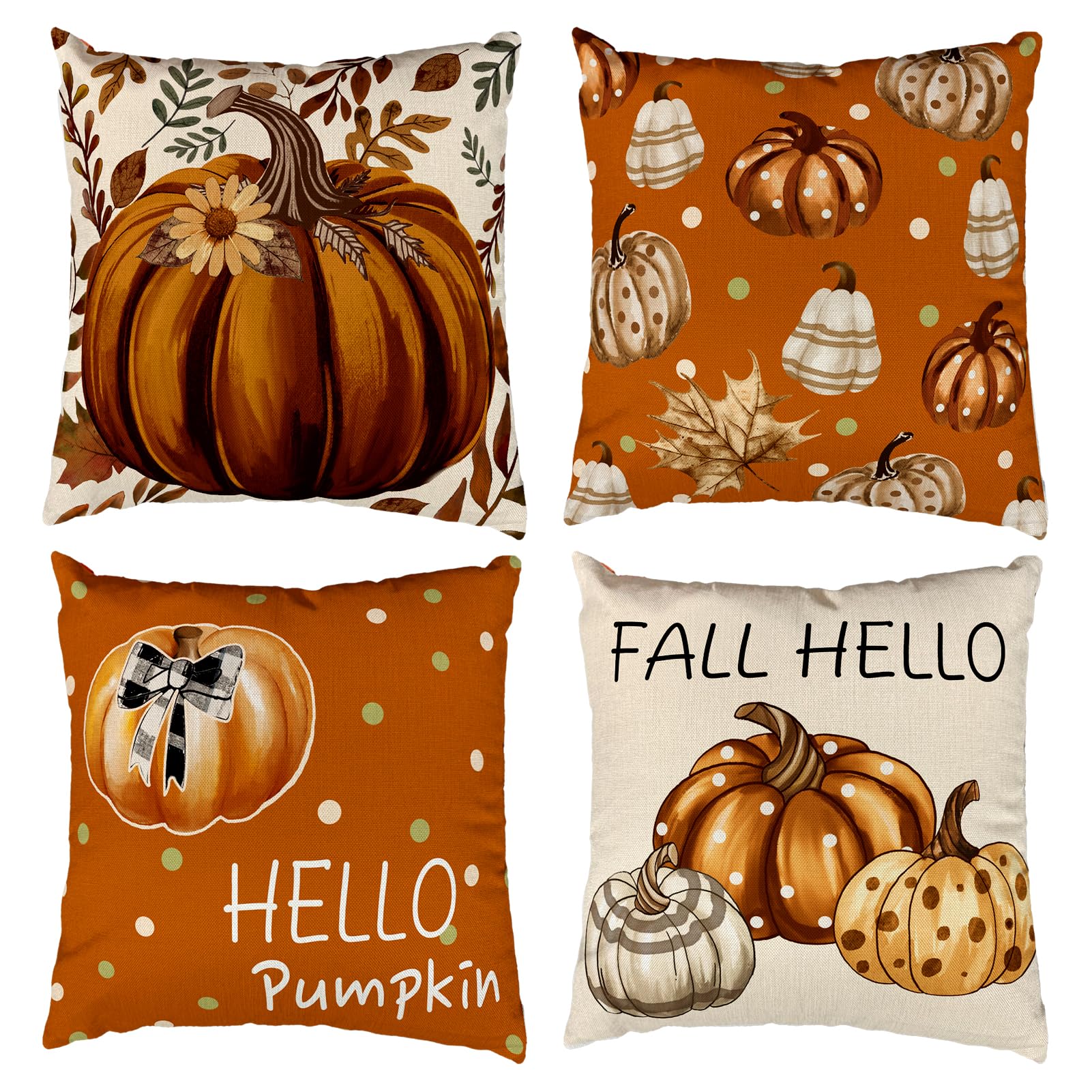 DIANAS DREAM Fall Decorative Throw Pillow Covers 18x18 Inch Set of 4 Pumpkin Floral Thankful Blessed Plaid Fall