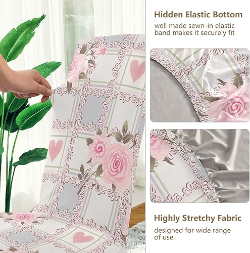 Miniatura 3 de xigua Paquete de 2 fundas para sillas de comedor con diseño de rosas rosadas, impermeables, elásticas, extraíbles y lavables, protector de silla