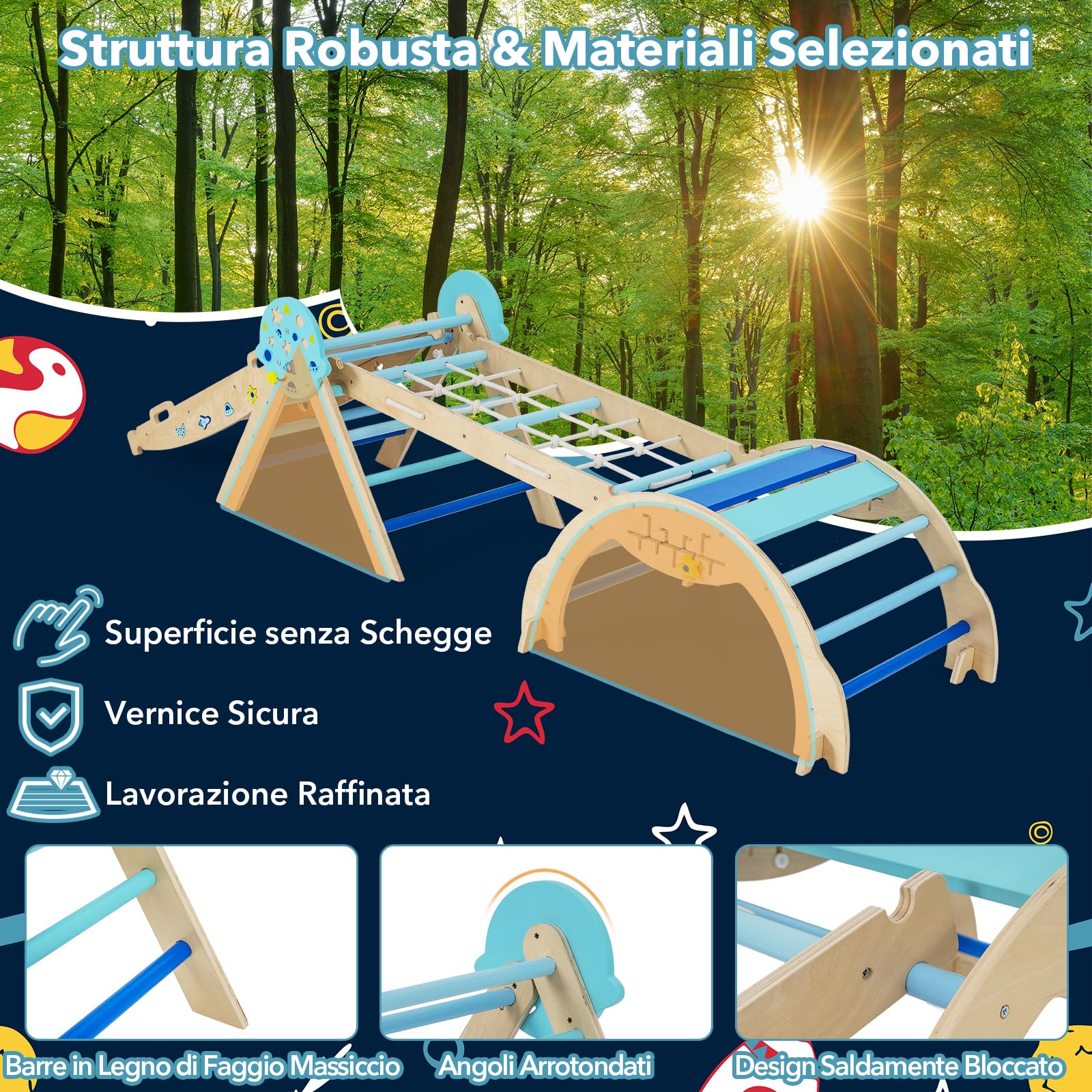 RELAX4LIFE Set da Arrampicata per Bambini, Triangolo di Arrampicata con Scivolo e Arco, Gioco di Incastri in Legno, Gioco Montessori per Bambini 1+ Anni (Astronauta-4 Pezzi | Blu)