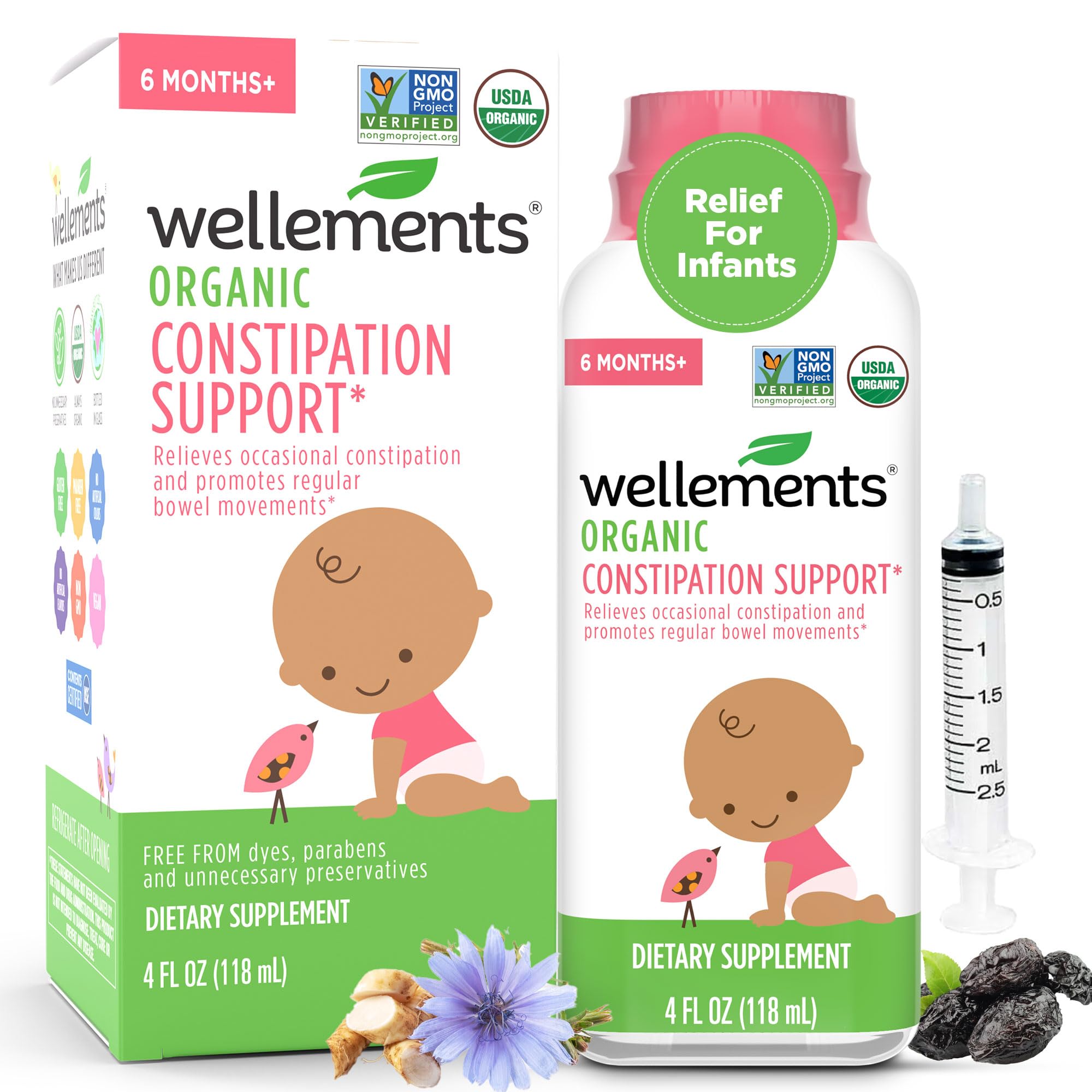 Wellements Organic Constipation Support for 6 Month+ Babies & Toddlers (4 Fl Oz) | USDA Certified & Gentle Constipation Relief* for Infants with No Harsh Laxatives with DispenserUSDA Organic