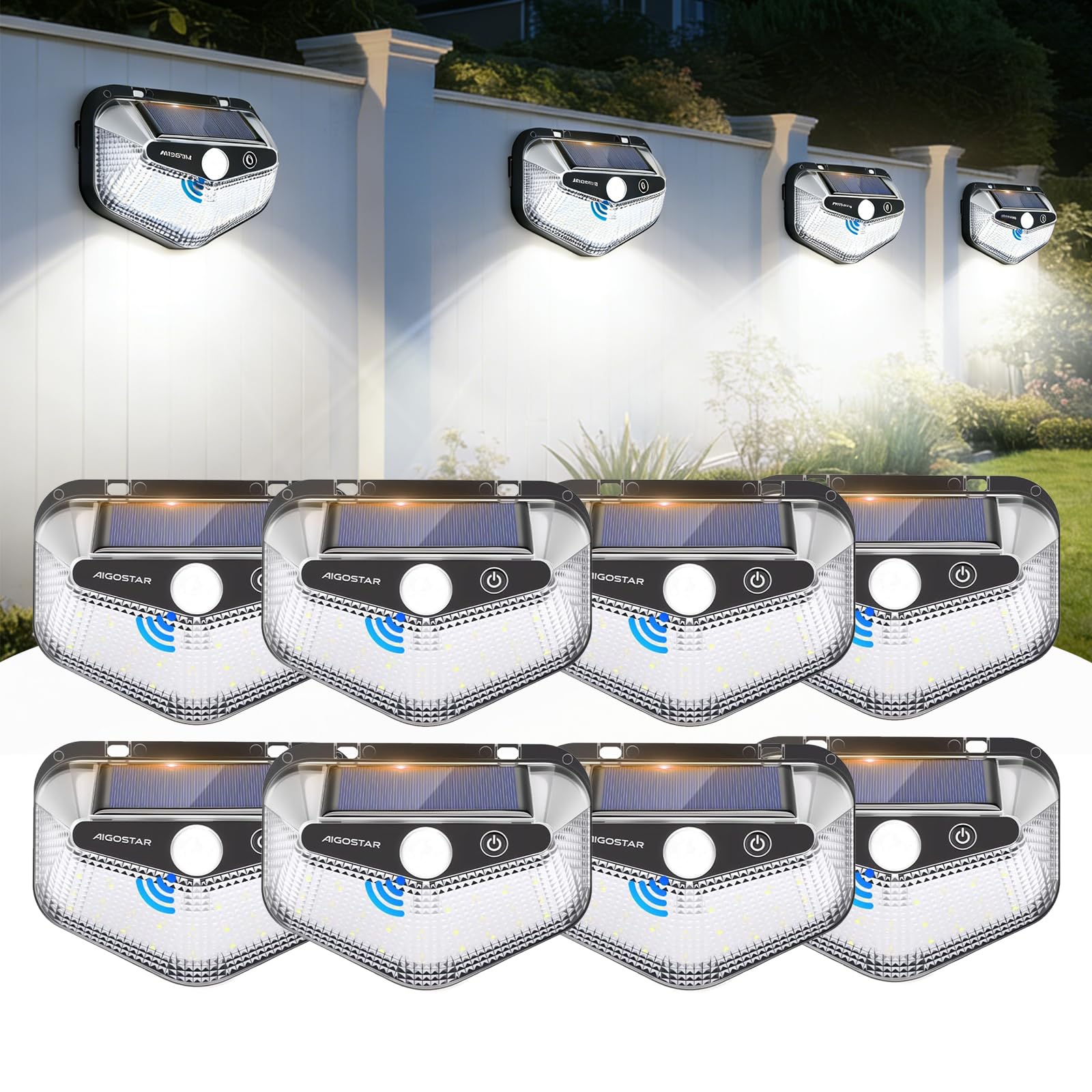 Aigostar Luz Solar Exterior,8 Paquete, 3 Modos, 270° Súper Brillante,Focos Led Exterior Solares con Sensor de Movimiento, IP65 Impermeable luces Solares para Jardín,Patio,Garaje,6500K