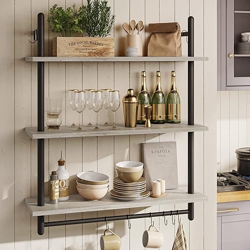 Miniatura 5 de Bestier Estantería Industrial de Tubería de 3 Niveles, Estantes Flotantes para Libros para Pared, Estantes Colgantes de Almacenamiento con Barra