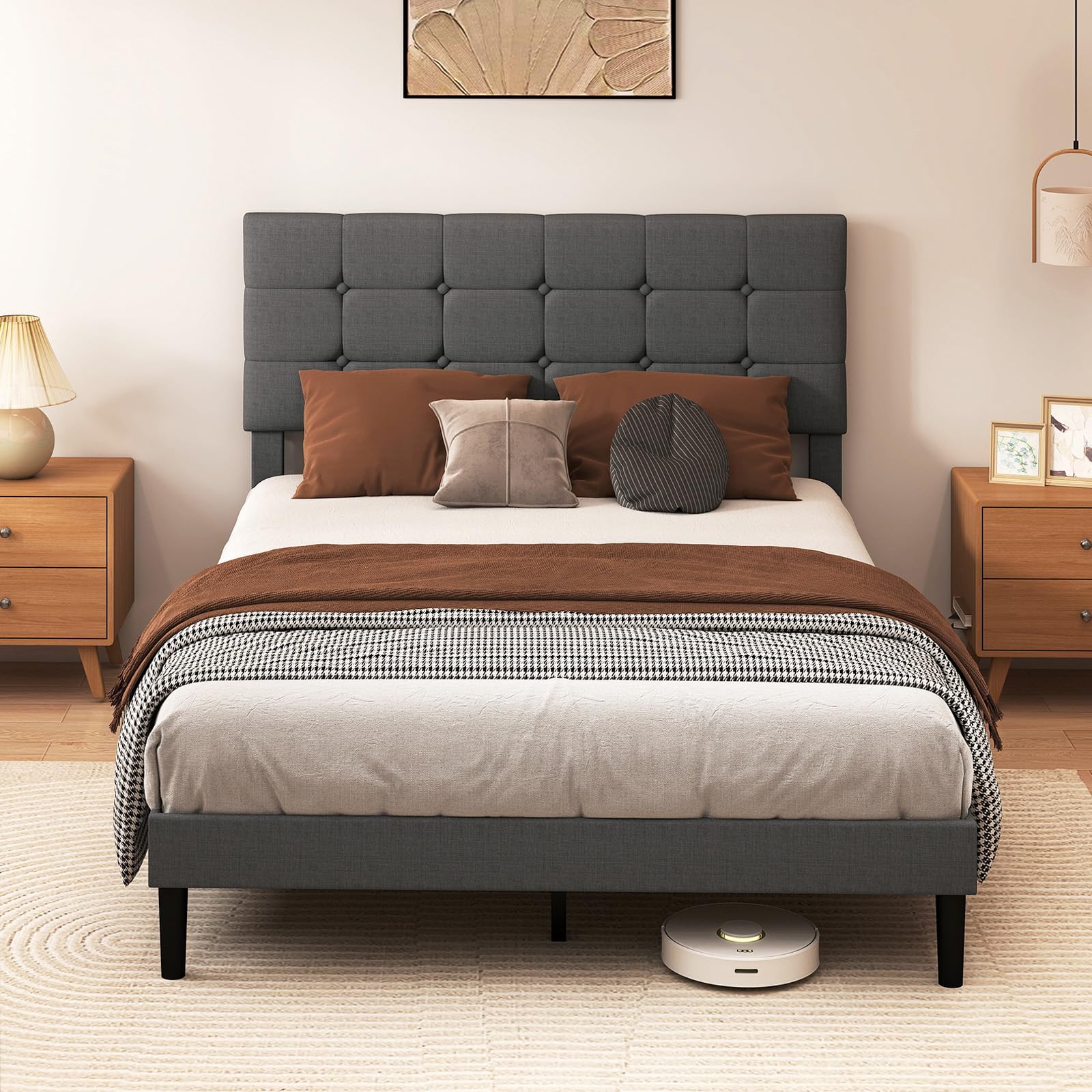 Levede King Bed Frame, Upholstered Platform with Headboard, Sturdy Wooden Slat Support, Easy Assembly, No Box Spring Needed, 150×200 cm, Dark Grey — image 1