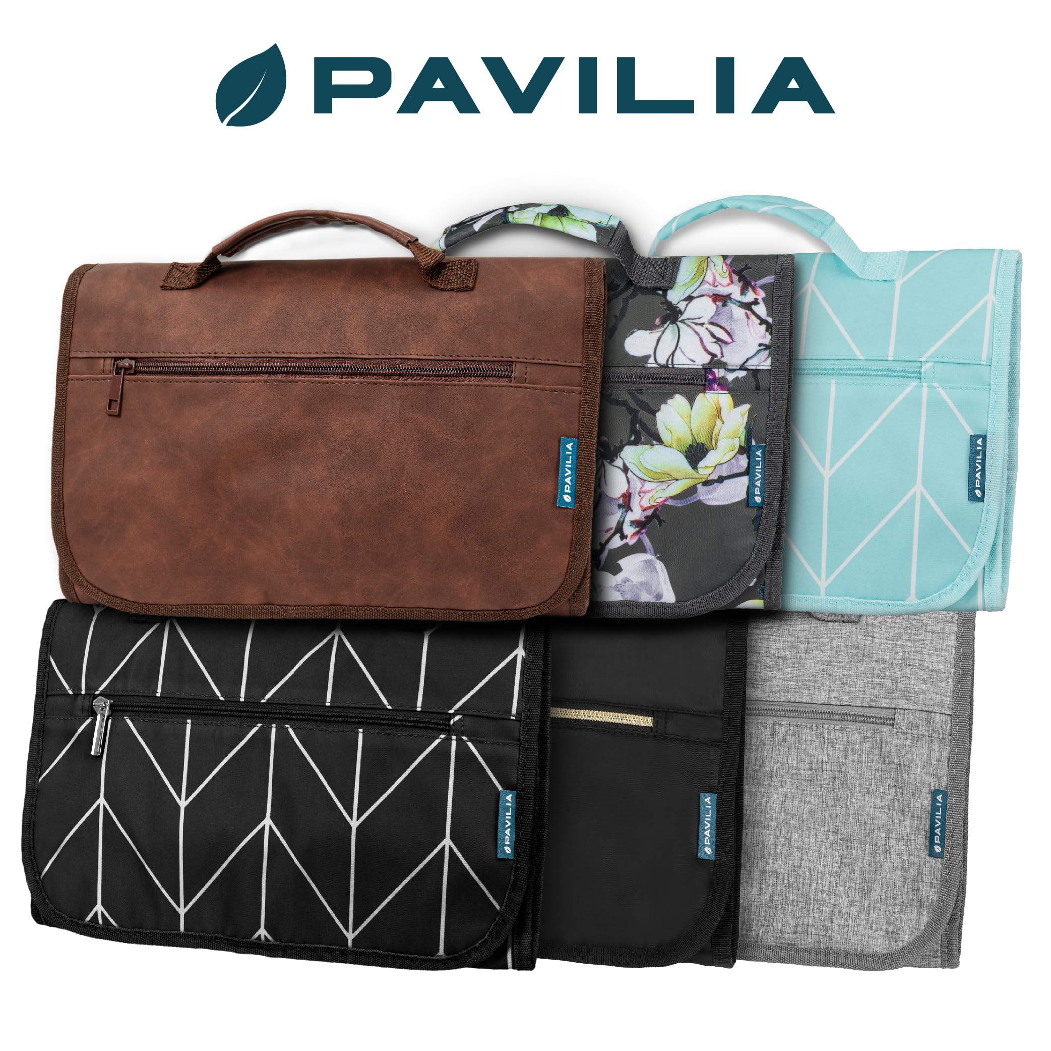 PAVILIA Kulturbeutel zum Aufhängen für Damen und Herren, groß, faltbar, mit Haken, wasserabweisend, Make-up-Kosmetiktasche, transparente Taschen für Badezimmer, Fitnessstudio, Kreuzfahrt, Braun, Large