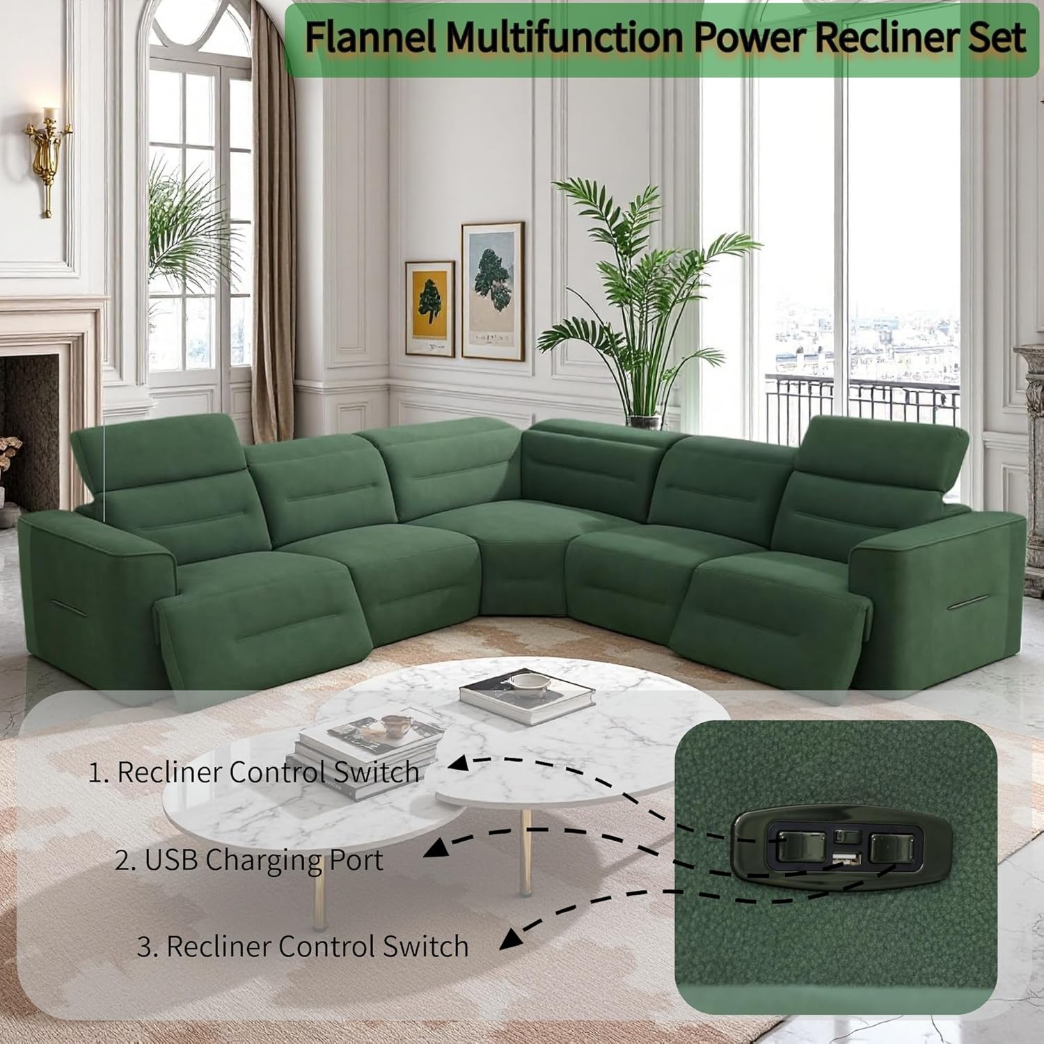 Power Recliner Sectional Sofa Set with USB Ports, Flannel Recliner Sofa Set with Adjustable Headrest, Reclining Sectional Couches, L-Shaped Living Room Furniture Set (Green, 5-Seater)
