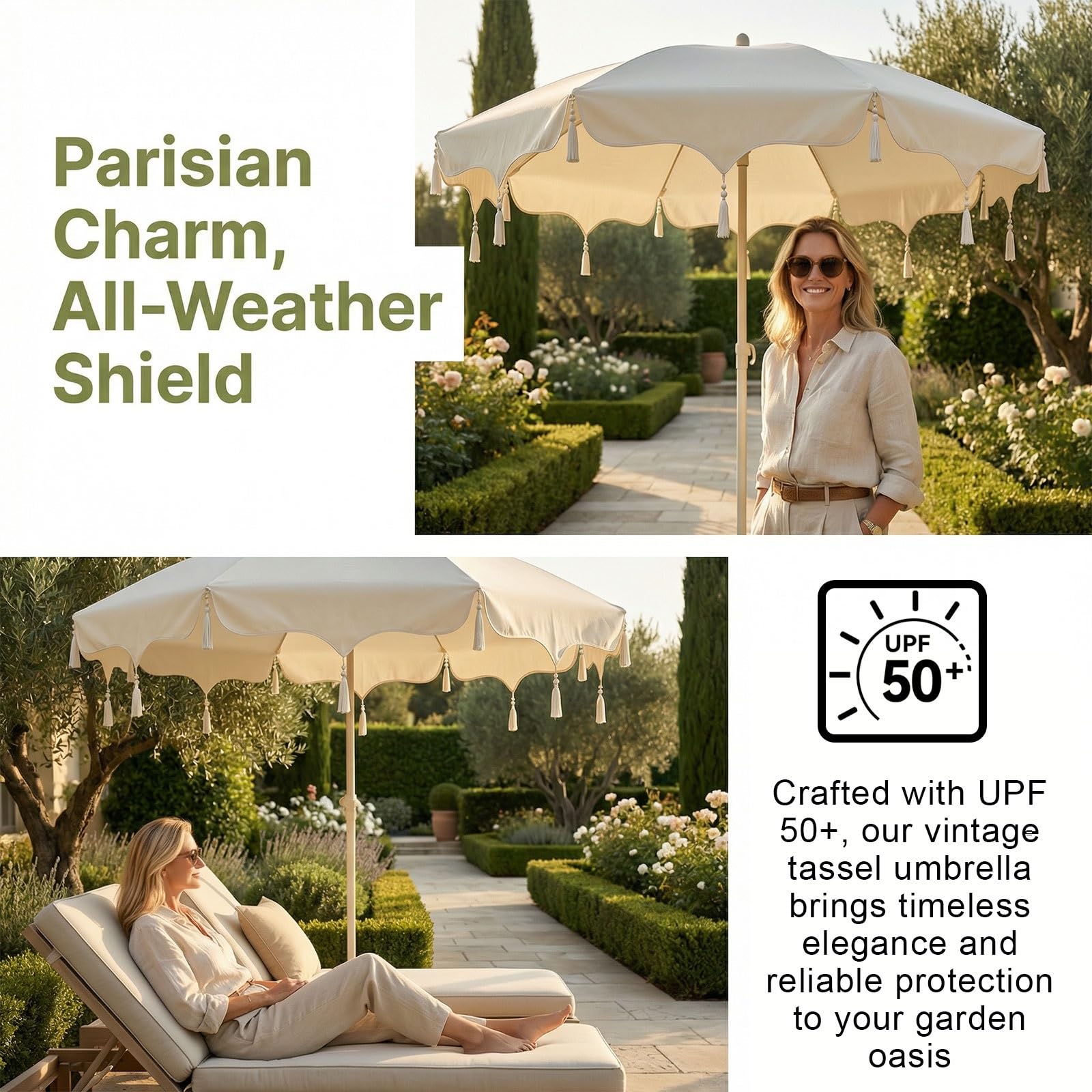 Strandschirm mit Fransen & Quasten, Gartenschirm Boho-Stil, UV-Schutz UPF 50+, Wasserdicht & Leicht, Verstellbar für Pool Terrasse Balkon Outdoor – Vintage Mid-Century