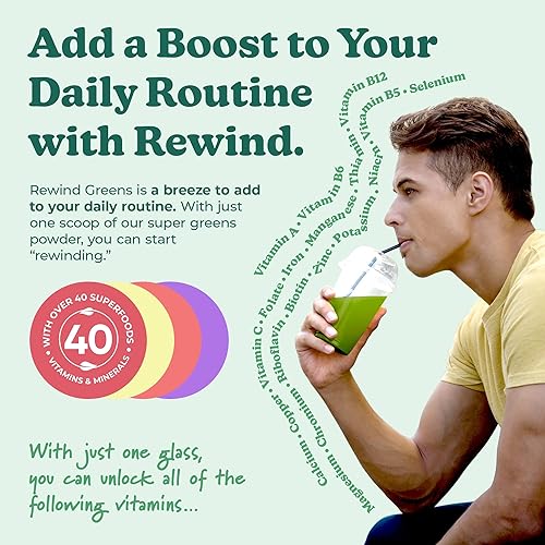 Miniatura 5 de Rewind Verdes - Super Greens Powder - Deliciosa mezcla de bebida de jugo verde con sabor increíble - Más de 40 superalimentos - Vitamina B12, zinc,
