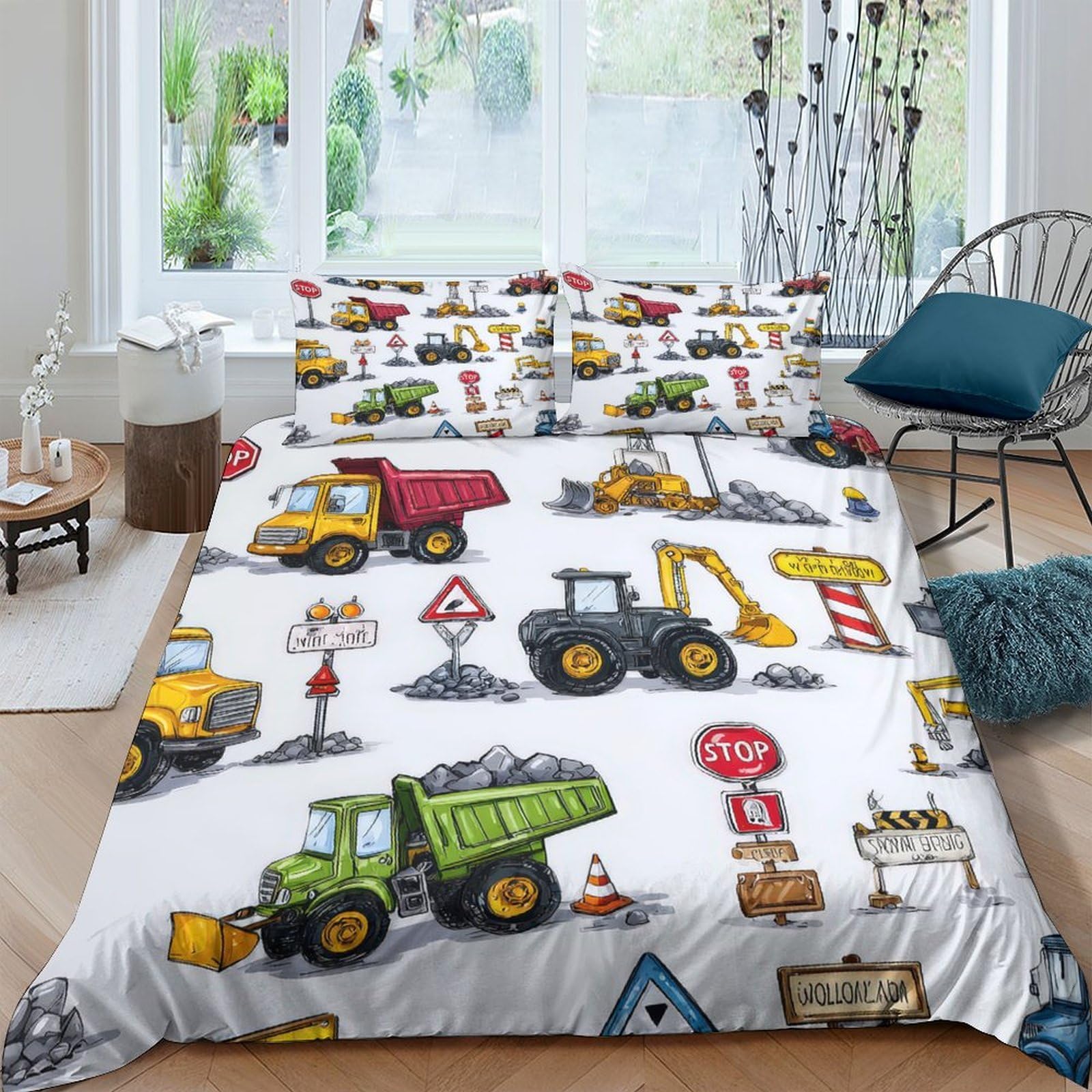 TUFRTGYHN 3D Printed Construction Truck Duvet Cover Microfiber Soft Breathable Excavator Bedding Set with 2 Pillowcases for Bedroom Decor Single（135x200cm）