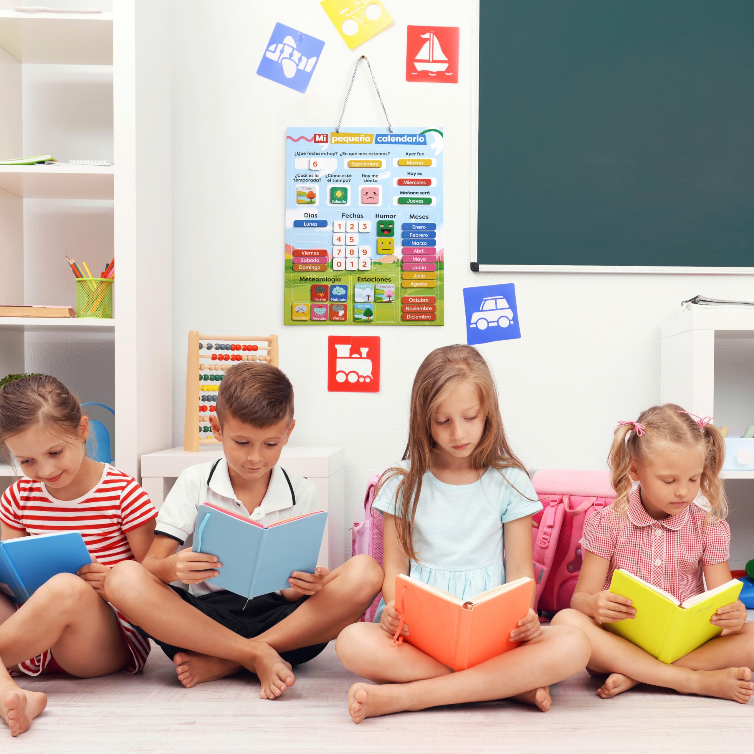 Chuckle Kalendarz magnetyczny dla dzieci ze stacjami, datami i czasem (po hiszpańsku) - 40x32 cm - Zabawna gra edukacyjna dla dzieci w wieku 4-10 lat