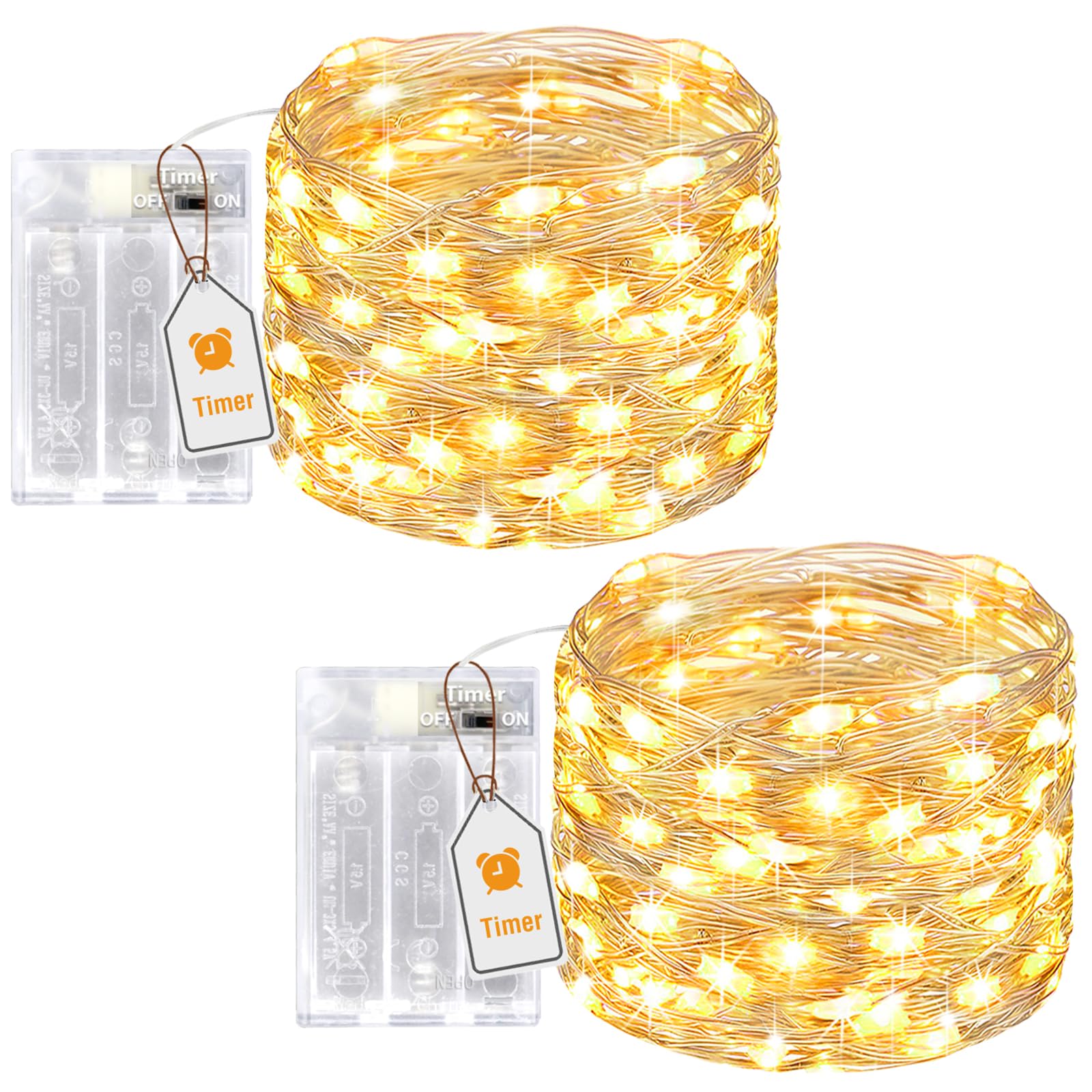 btfarm 2 Stück Lichterkette Batterie mit Timer, 5M 50 LED Micro Silberdraht Lichterkette Draht Innen Batteriebetrieben für Party Schlafzimmer Weihnachten Hochzeit Halloween Deko, Warmweiß