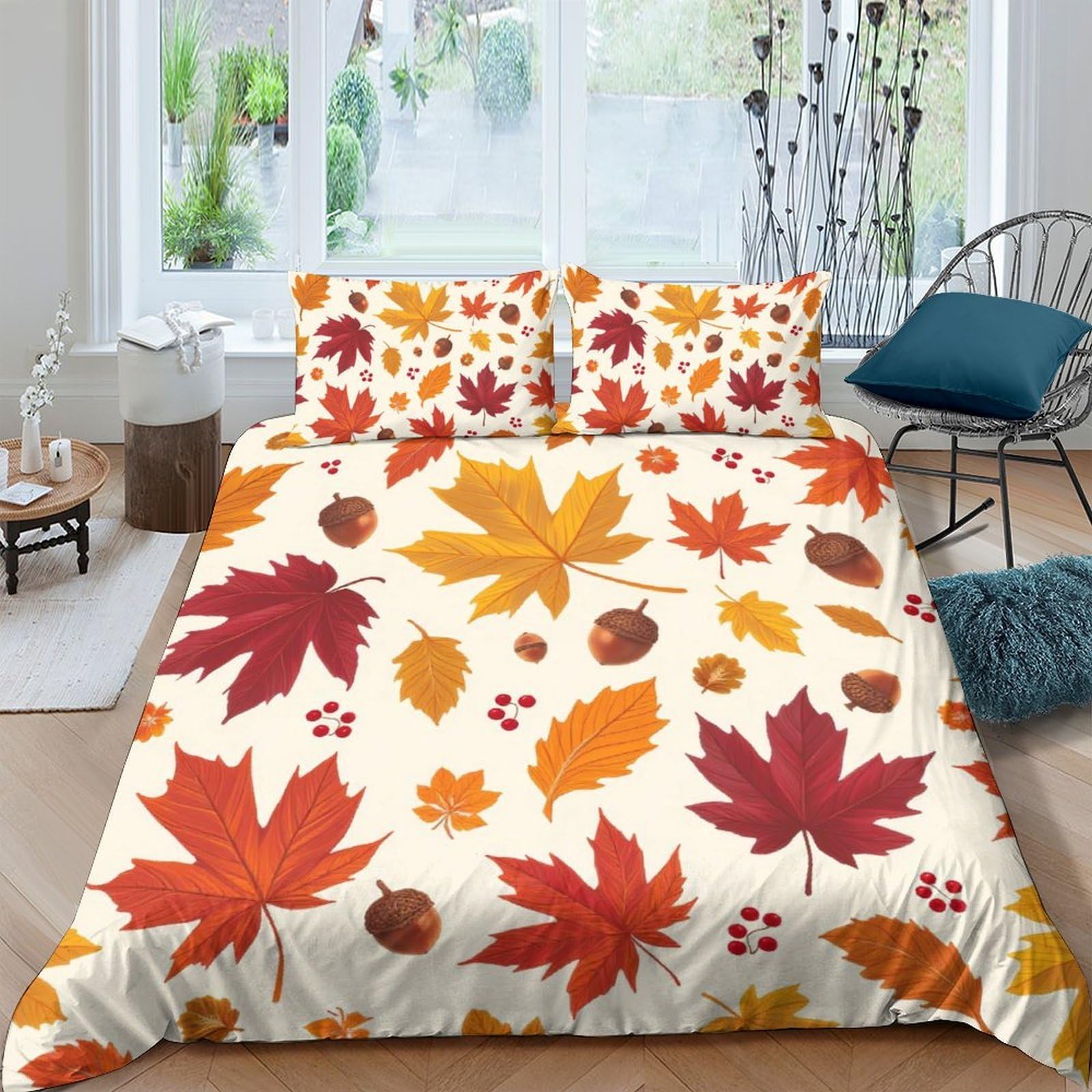GPLZQXKJNH 3D Printed Autumn Maple Leaf Duvet Cover Microfiber Soft Breathable Acorn Bedding Set with 2 Pillowcases for Bedroom Decor Single（135x200cm）