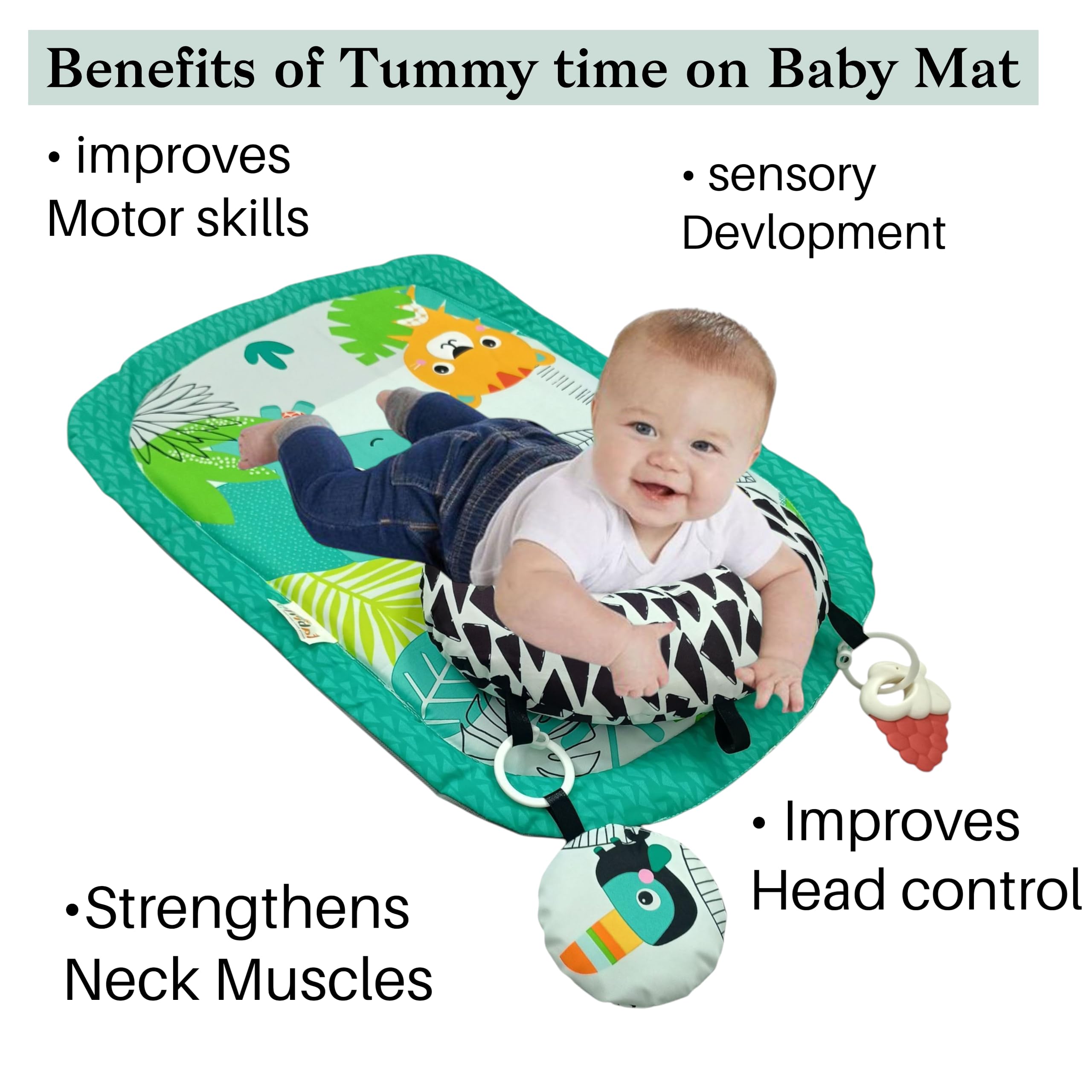 Fabrify Tummy Time Baby Mat with Teethers and Mirror, Sensory Development Toy Educational Toy to Develop Hand and Eye Movement Play Tummy Time Mat, Baby Play Mat, Sensory Toys for 0-12 Months (Green) 1
