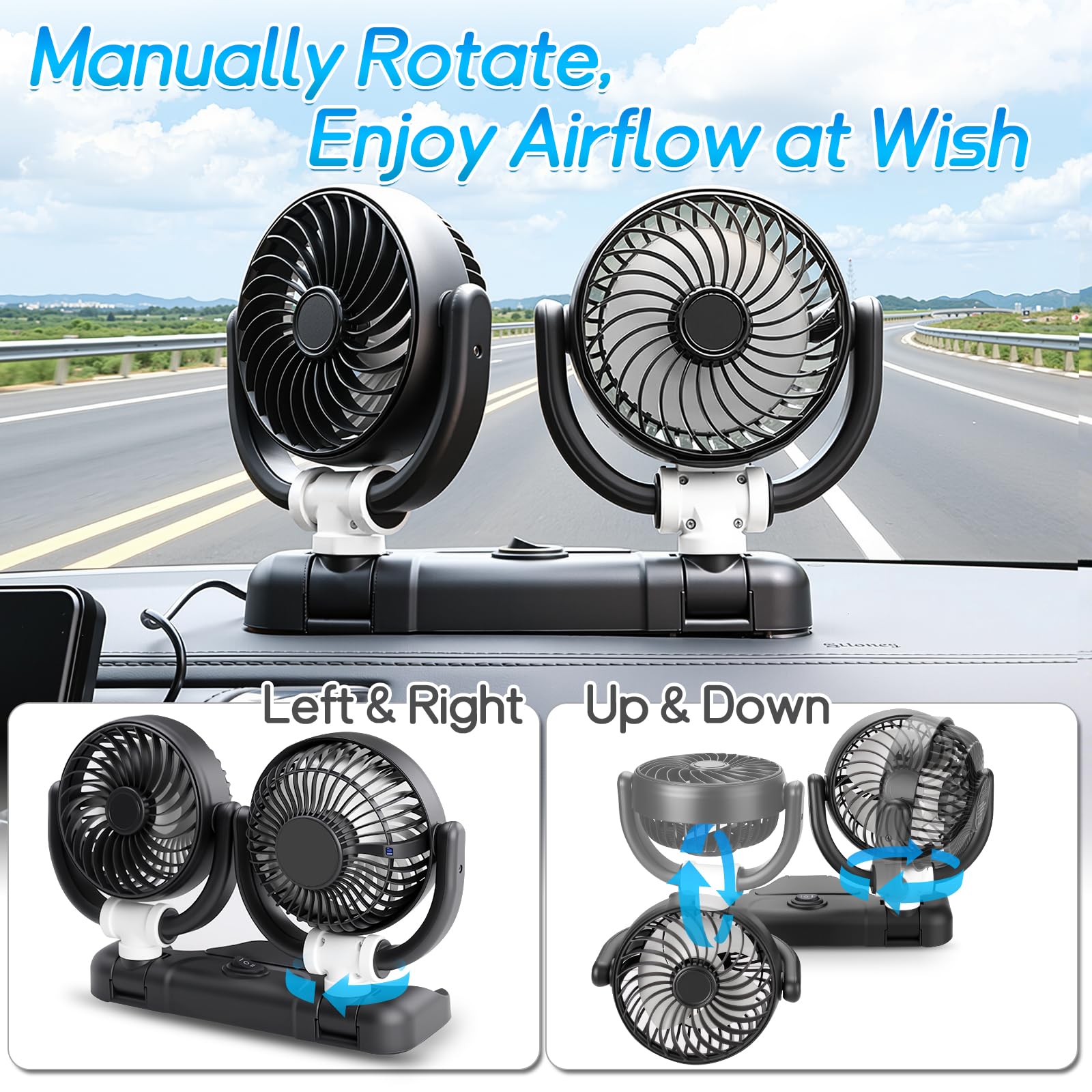 D-Lumina Ventilatore per auto, girevole a 360°, doppia testa, 12 V, con USB, 2 velocità, aria condizionata, per SUV, camper, ATV, barca, auto, targa con adesivo gratuito